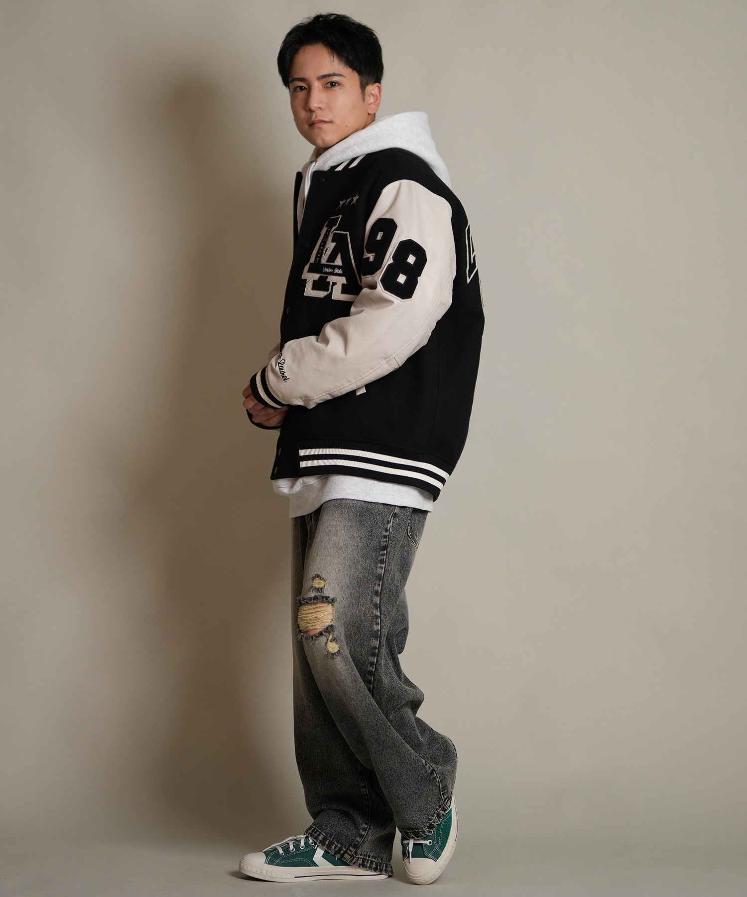 DEAR LAUREL ディアローレル × Pla-Jac プラジャック アウター スタジャン メンズ スタジアム ジャケット 防風 LA VARSITY JACKET D25F-0101(BK/WT-M)