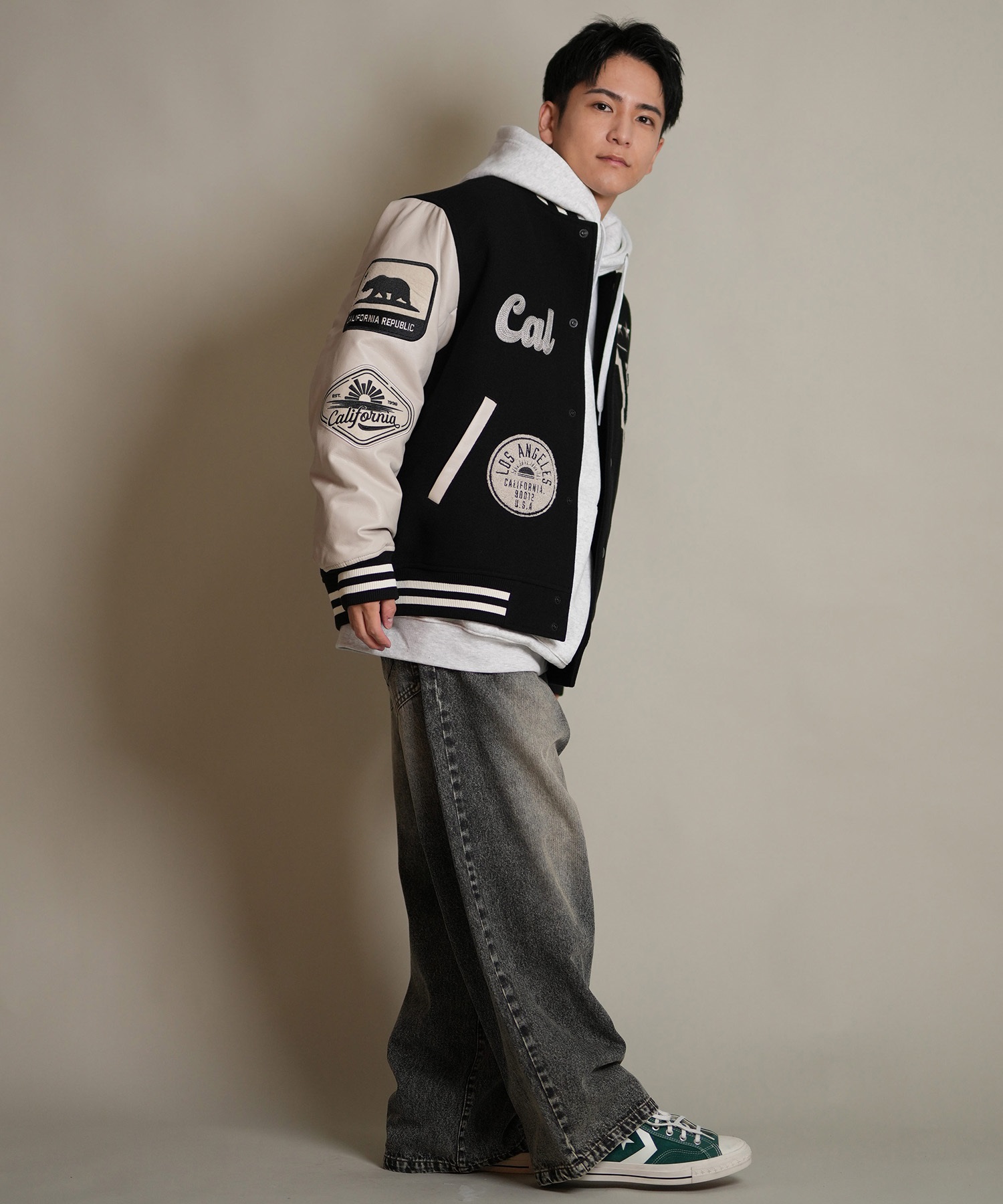 DEAR LAUREL ディアローレル × Pla-Jac プラジャック アウター スタジャン メンズ スタジアム ジャケット 防風 LA VARSITY JACKET D25F-0101(BK/WT-M)