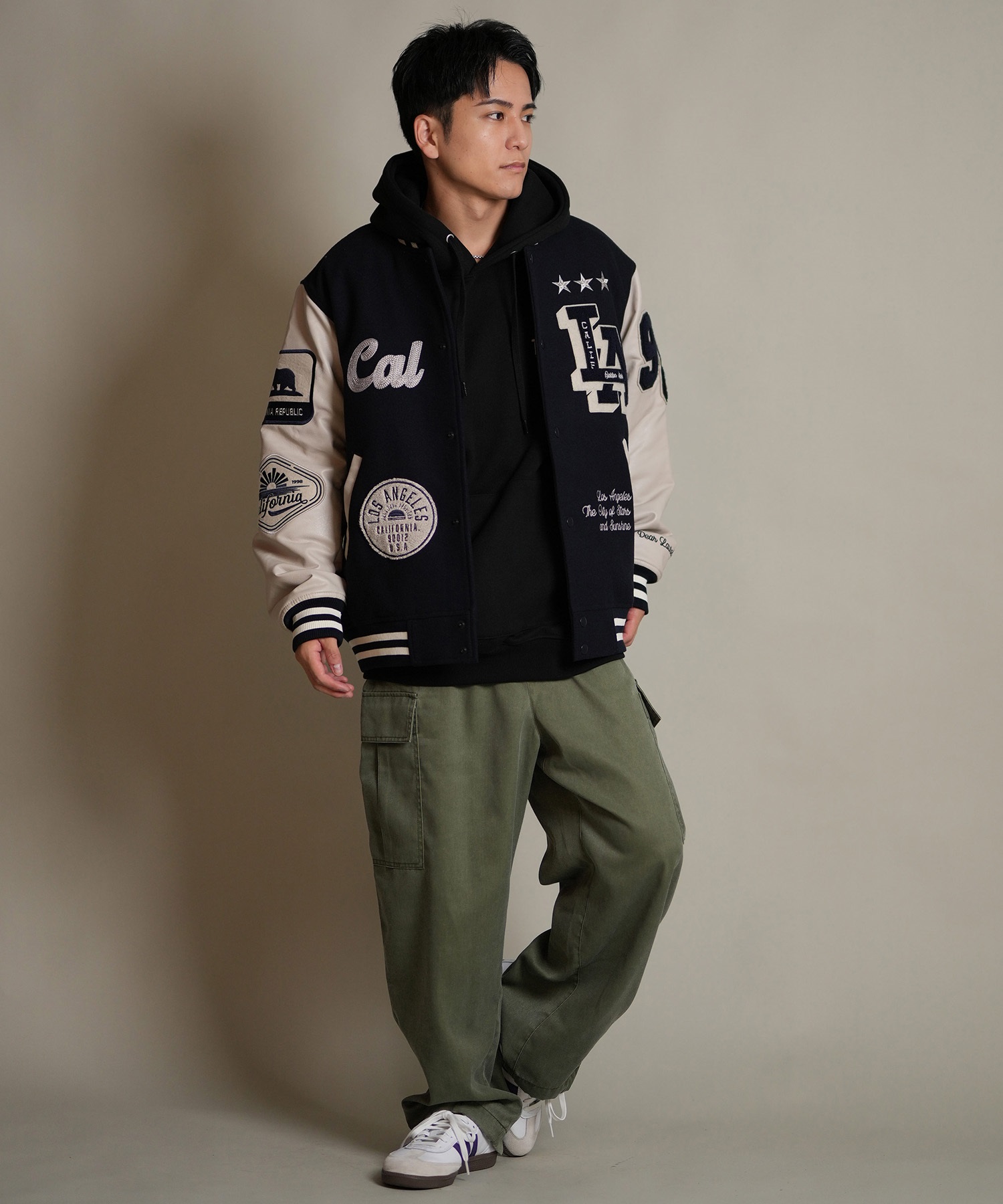 DEAR LAUREL ディアローレル × Pla-Jac プラジャック アウター スタジャン メンズ スタジアム ジャケット 防風 LA VARSITY JACKET D25F-0101(BK/WT-M)