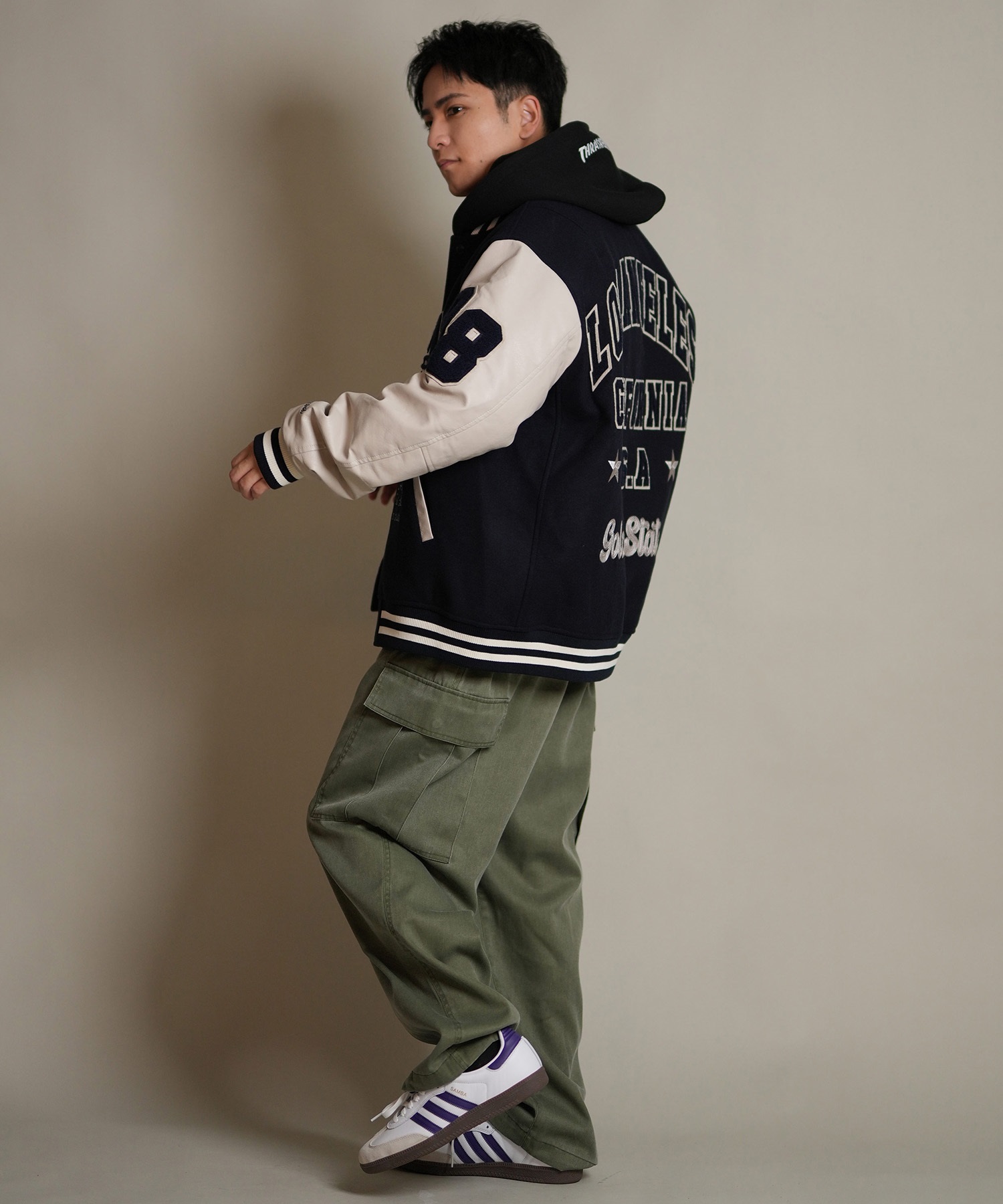 DEAR LAUREL ディアローレル × Pla-Jac プラジャック アウター スタジャン メンズ スタジアム ジャケット 防風 LA VARSITY JACKET D25F-0101(BK/WT-M)