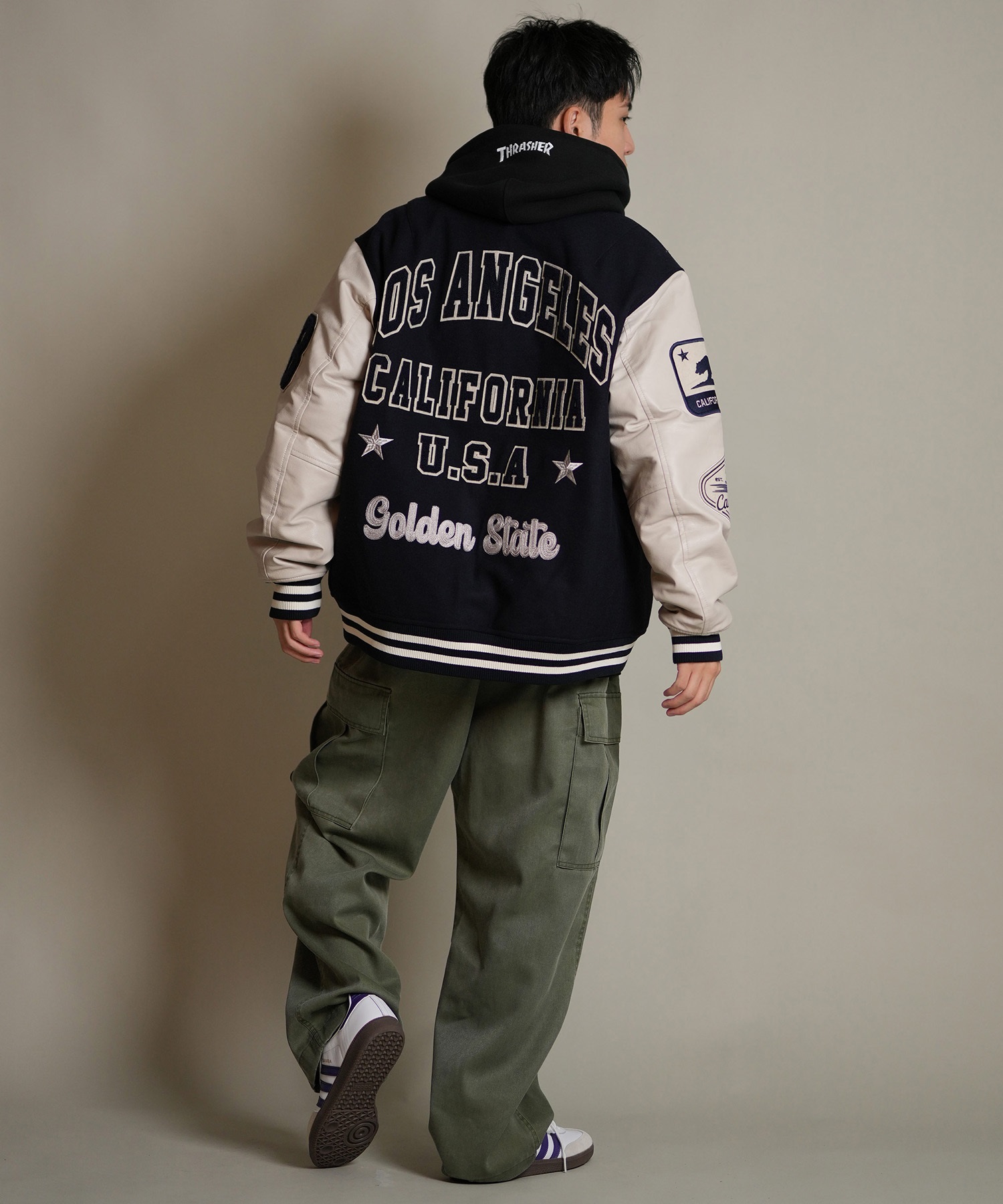 DEAR LAUREL ディアローレル × Pla-Jac プラジャック アウター スタジャン メンズ スタジアム ジャケット 防風 LA VARSITY JACKET D25F-0101(BK/WT-M)
