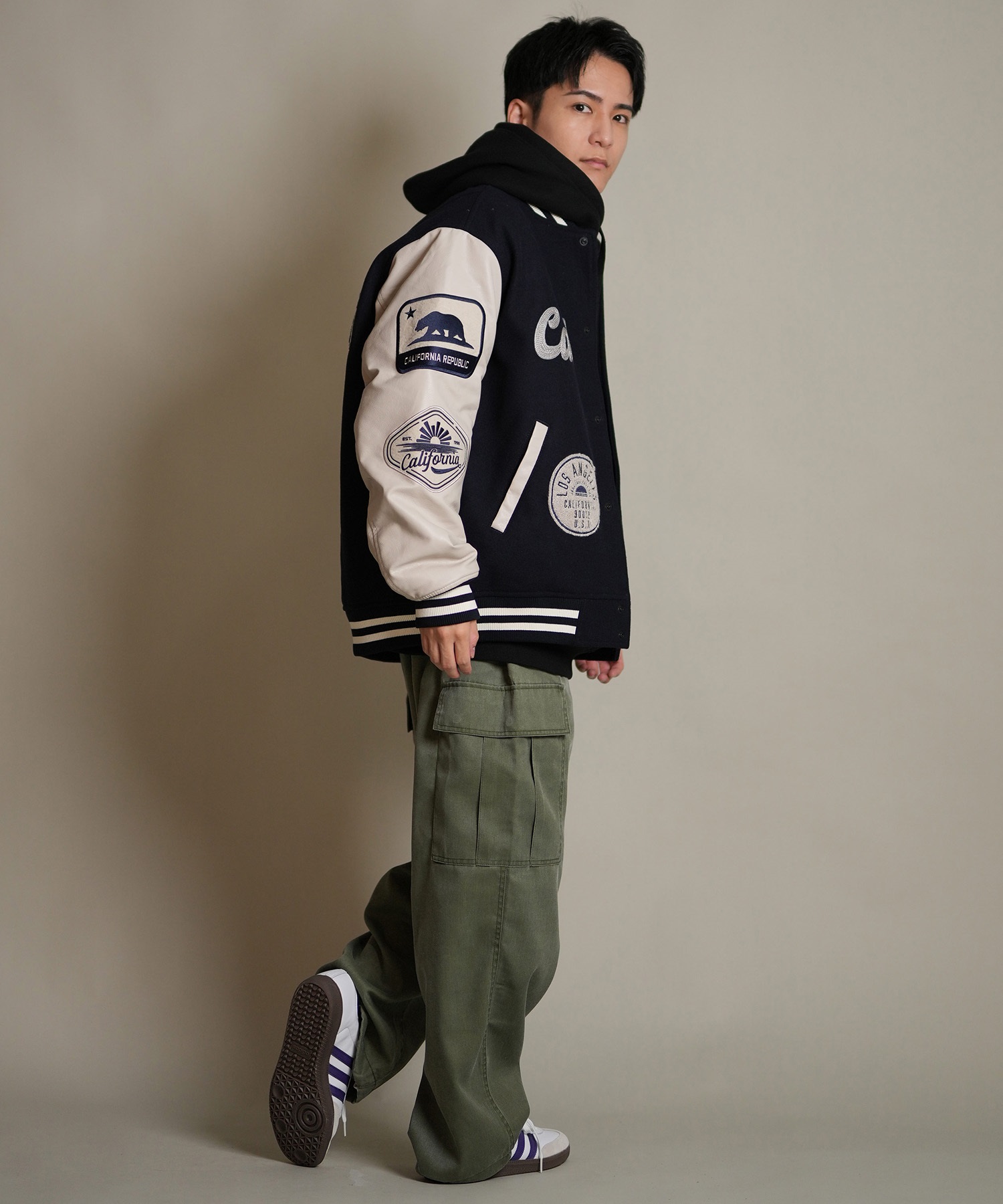 DEAR LAUREL ディアローレル × Pla-Jac プラジャック アウター スタジャン メンズ スタジアム ジャケット 防風 LA VARSITY JACKET D25F-0101(BK/WT-M)