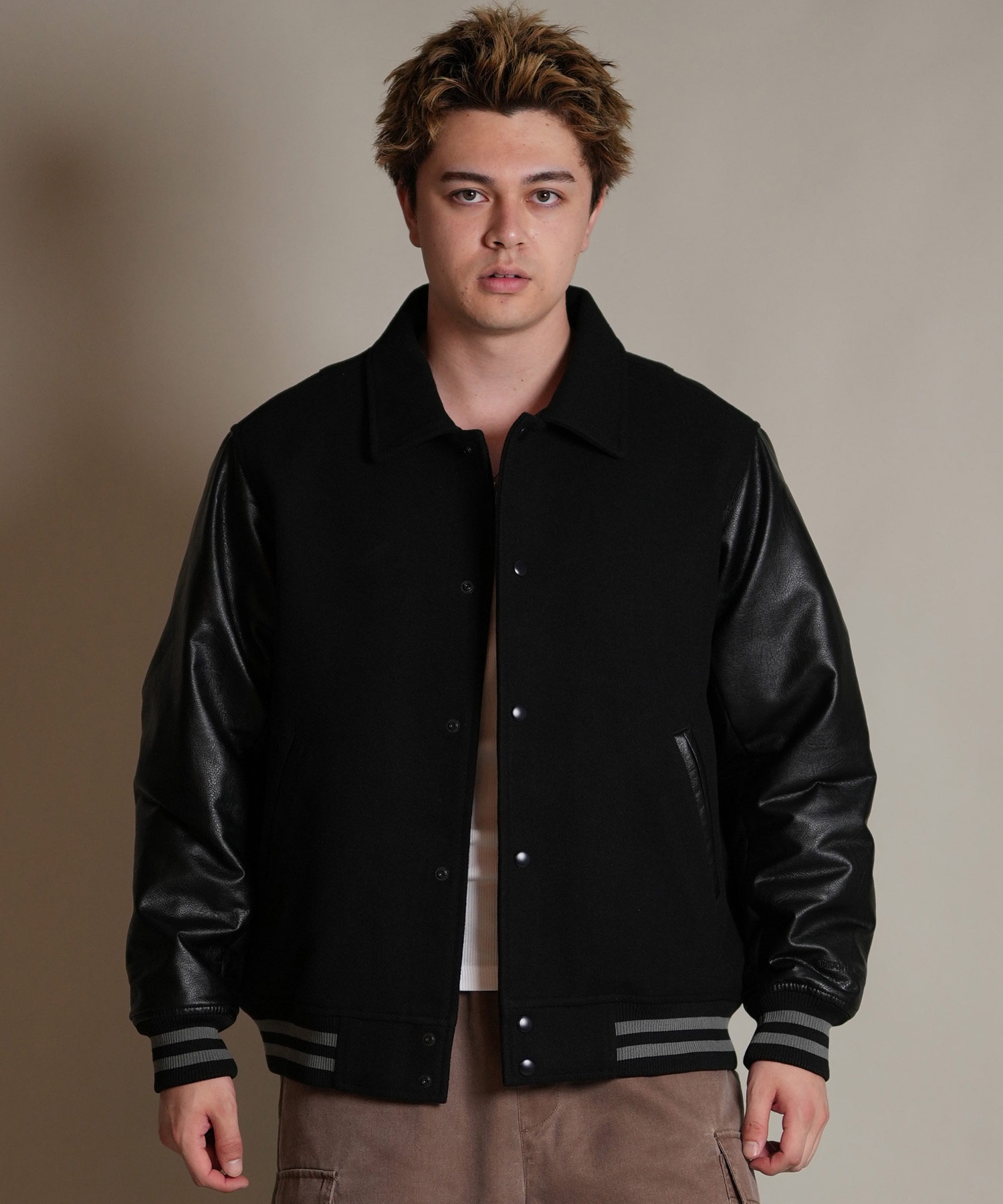 DEAR LAUREL ディアローレル × Pla-Jac プラジャック アウター スタジャン メンズ スタジアム ジャケット 防風 VARSITY JACKET D25F-0102(BK/BK-M)