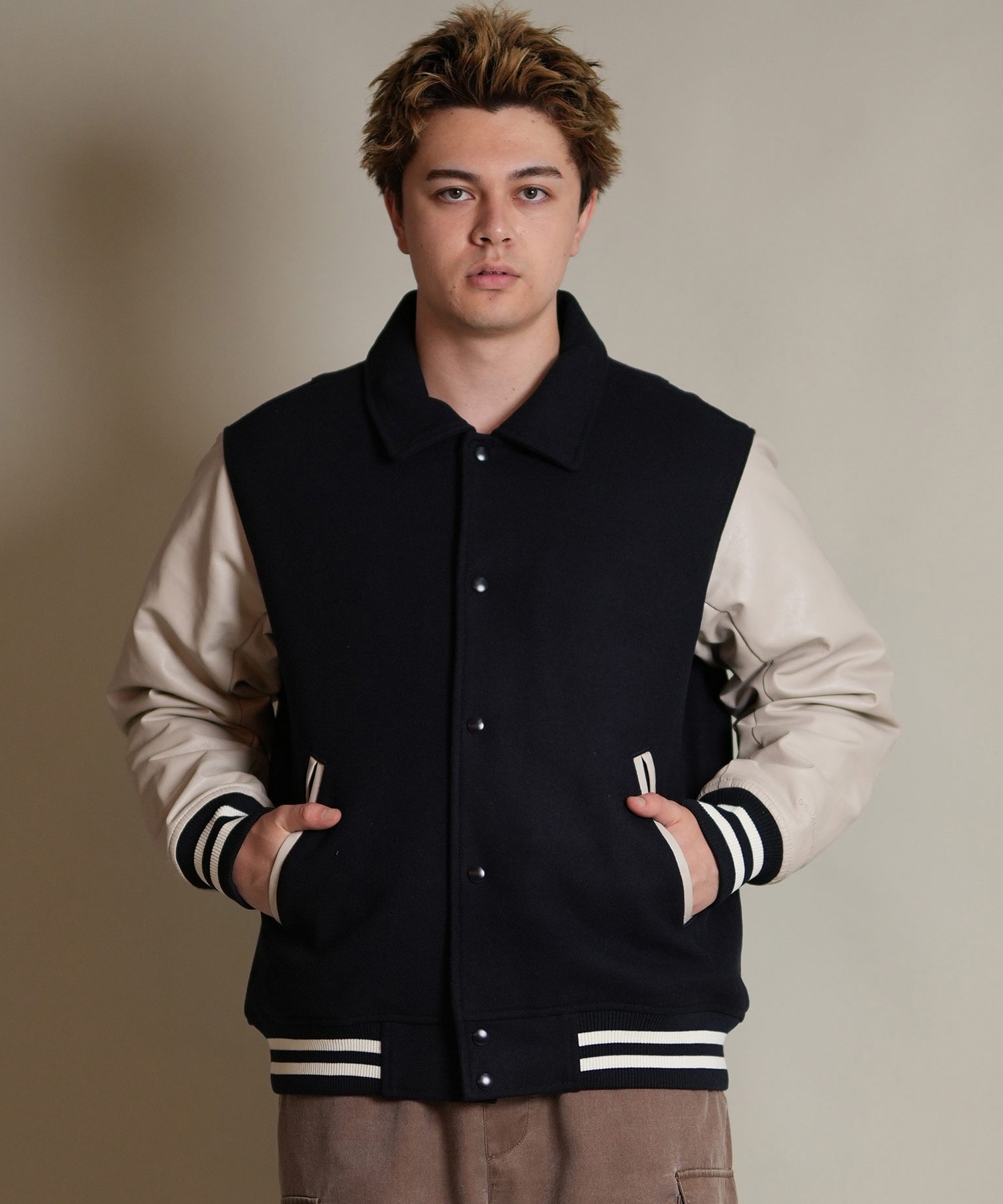 DEAR LAUREL ディアローレル × Pla-Jac プラジャック アウター スタジャン メンズ スタジアム ジャケット 防風 VARSITY JACKET D25F-0102(BK/BK-M)