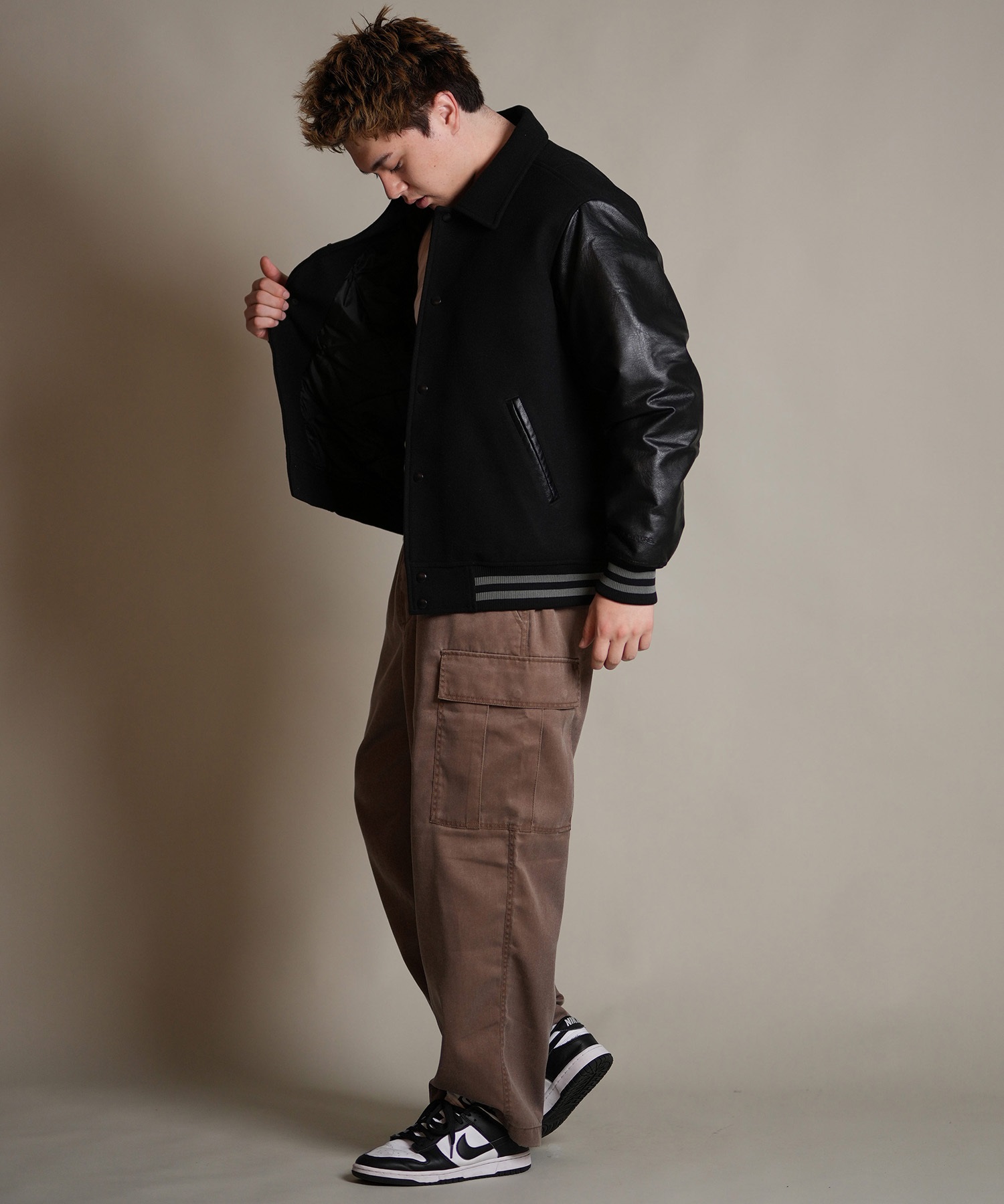 DEAR LAUREL ディアローレル × Pla-Jac プラジャック アウター スタジャン メンズ スタジアム ジャケット 防風 VARSITY JACKET D25F-0102(BK/BK-M)