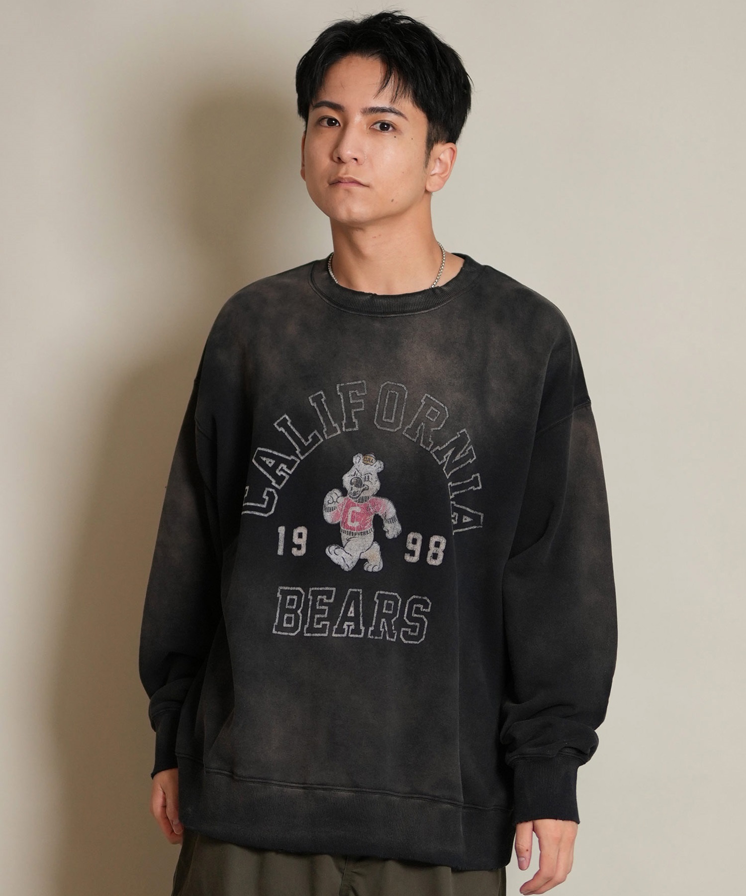 DEAR LAUREL ディアローレル トレーナー スウェット メンズ クルーネック カレッジロゴ風 ヴィンテージ加工 裏毛 Vintage Crew D25F-1101(BLK-M)