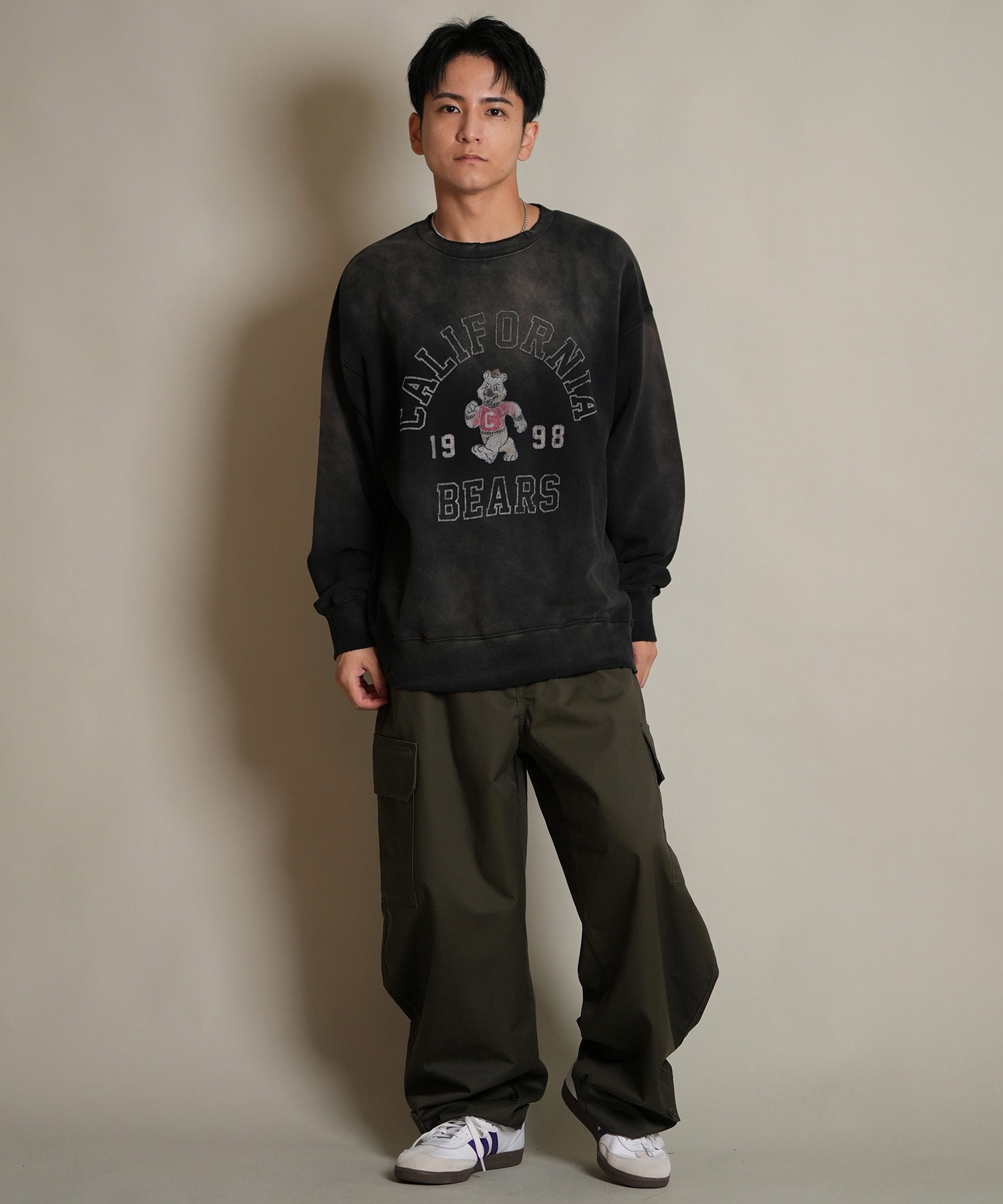 DEAR LAUREL ディアローレル トレーナー スウェット メンズ クルーネック カレッジロゴ風 ヴィンテージ加工 裏毛 Vintage Crew D25F-1101(BLK-M)