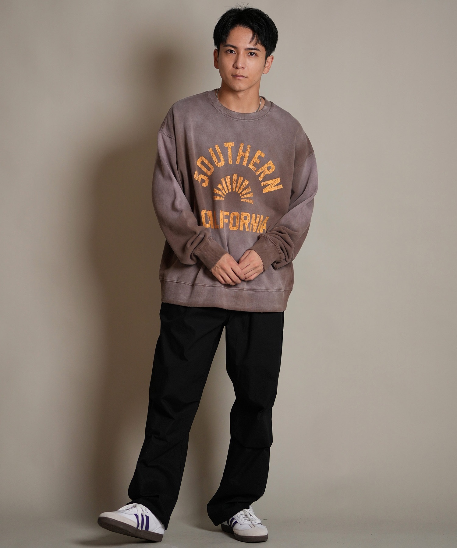 DEAR LAUREL ディアローレル トレーナー スウェット メンズ クルーネック カレッジロゴ風 ヴィンテージ加工 裏毛 Vintage Crew D25F-1101(BLK-M)
