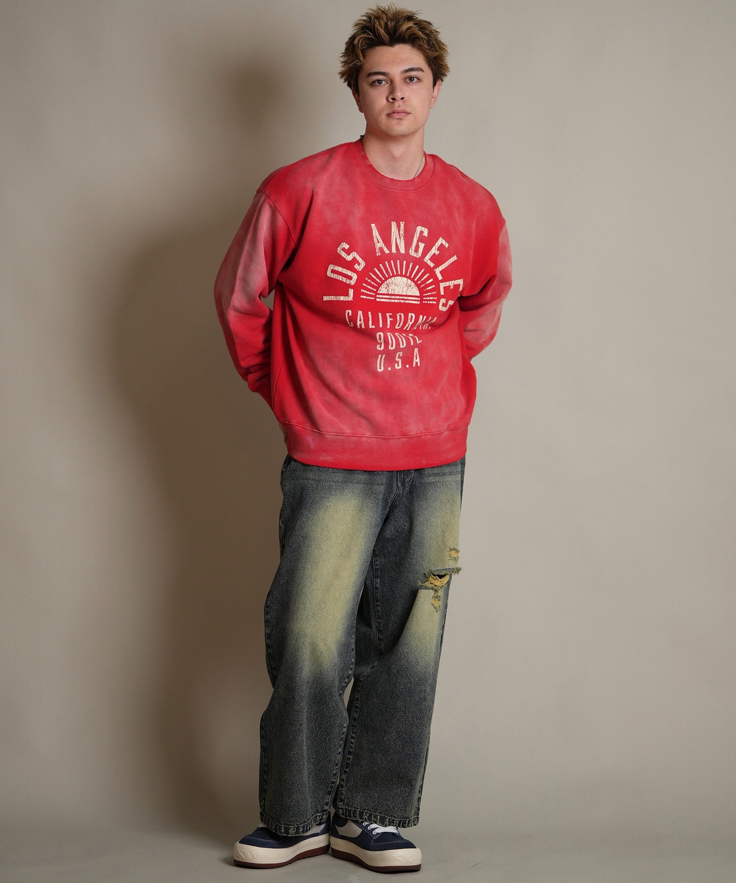 DEAR LAUREL ディアローレル トレーナー スウェット メンズ クルーネック カレッジロゴ風 ヴィンテージ加工 裏毛 Vintage Crew D25F-1101(BLK-M)