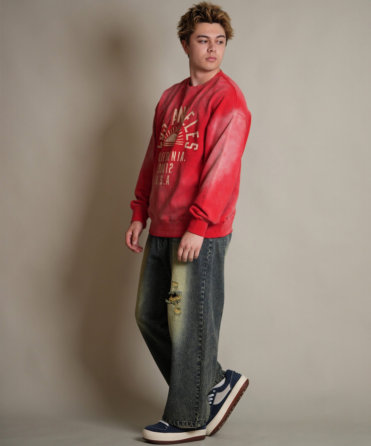 DEAR LAUREL ディアローレル トレーナー スウェット メンズ クルーネック カレッジロゴ風 ヴィンテージ加工 裏毛 Vintage Crew D25F-1101(BLK-M)