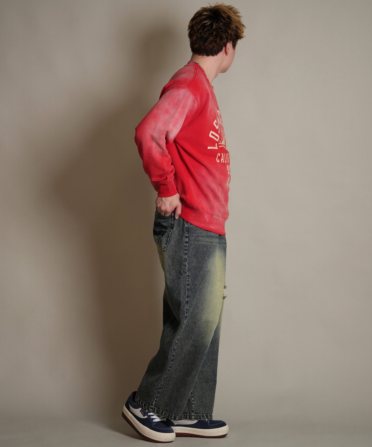 DEAR LAUREL ディアローレル トレーナー スウェット メンズ クルーネック カレッジロゴ風 ヴィンテージ加工 裏毛 Vintage Crew D25F-1101(BLK-M)