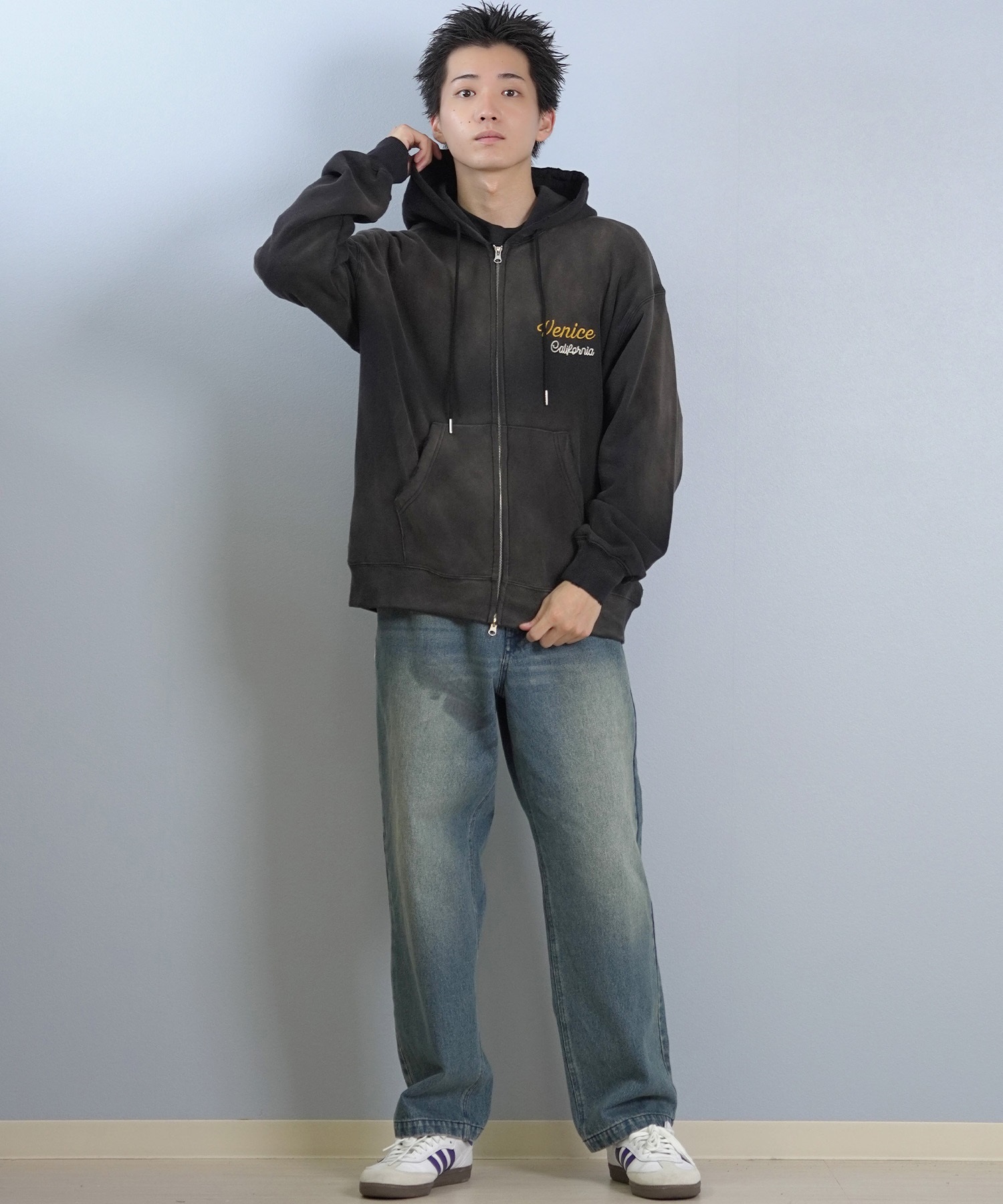 DEAR LAUREL ディアローレル ジップアップ パーカー メンズ 古着風 ヴィンテージ加工 D25F-1203 ムラサキスポーツ限定(BLK-M)