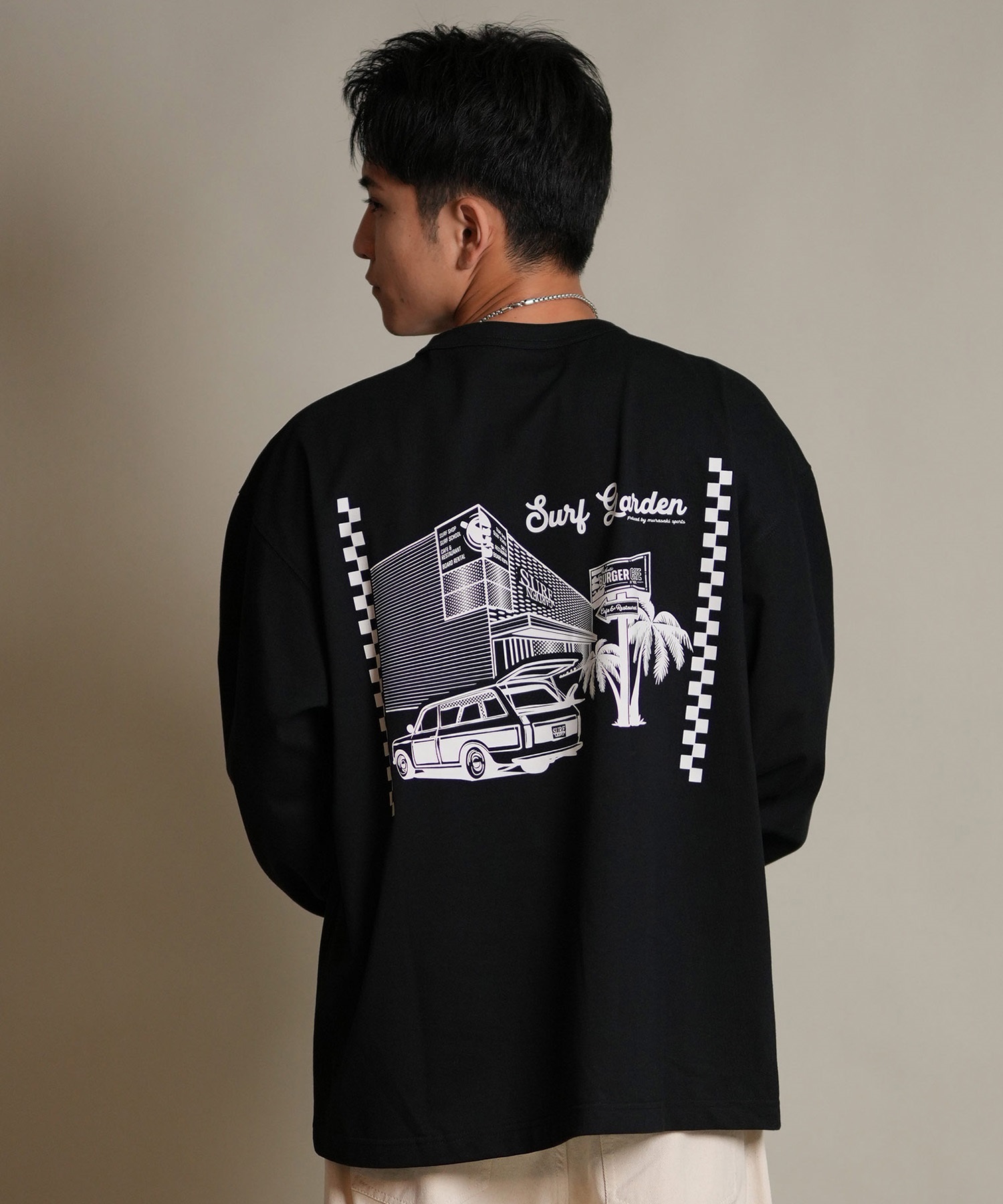 DEAR LAUREL ディアローレル 長袖 Tシャツ ロンT メンズ バックプリント SURF GARDEN LONG SLEEVE D25F-2201(BLK-M)