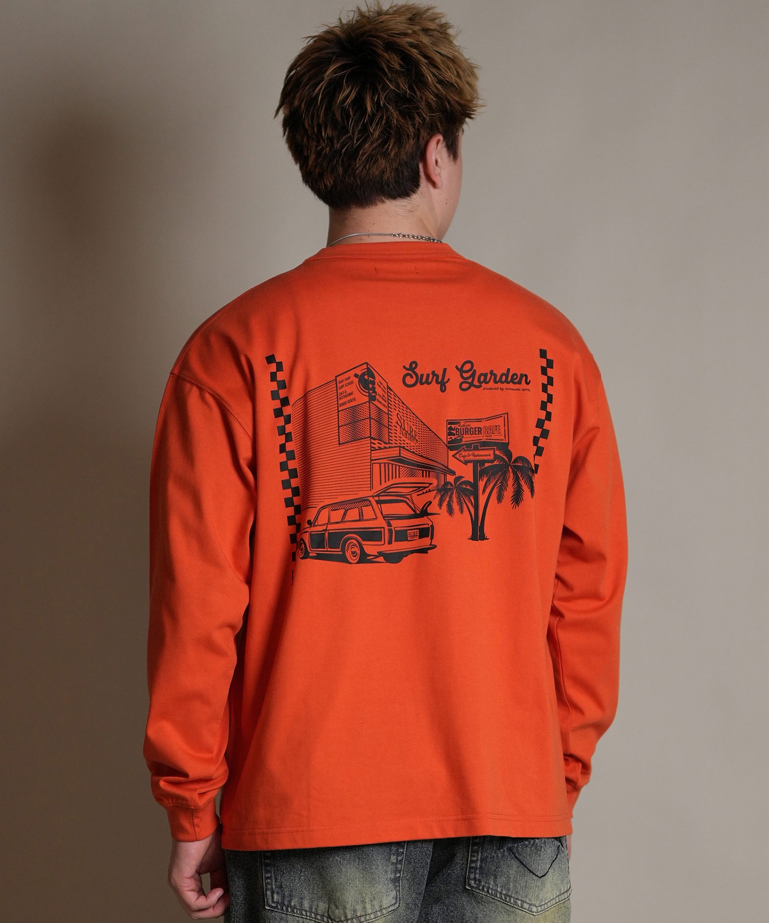 DEAR LAUREL ディアローレル 長袖 Tシャツ ロンT メンズ バックプリント SURF GARDEN LONG SLEEVE D25F-2201(BLK-M)