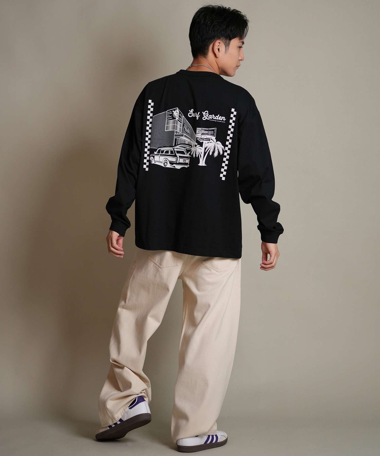 DEAR LAUREL ディアローレル 長袖 Tシャツ ロンT メンズ バックプリント SURF GARDEN LONG SLEEVE D25F-2201(BLK-M)