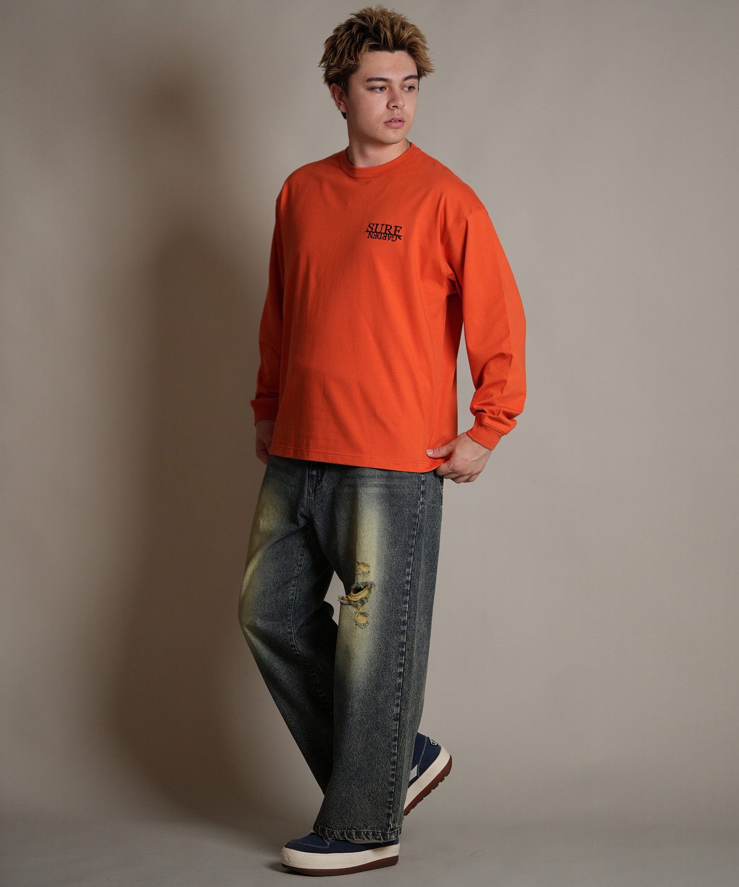 DEAR LAUREL ディアローレル 長袖 Tシャツ ロンT メンズ バックプリント SURF GARDEN LONG SLEEVE D25F-2201(BLK-M)