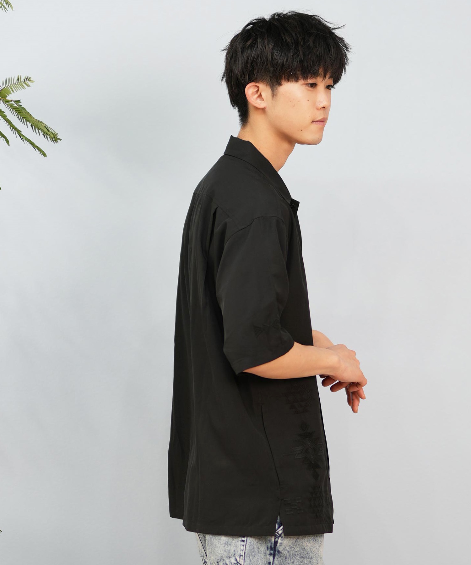 DEAR LAUREL ディアローレル 半袖 シャツ メンズ キューバシャツ 刺繍 D25S2402(BLK-M)