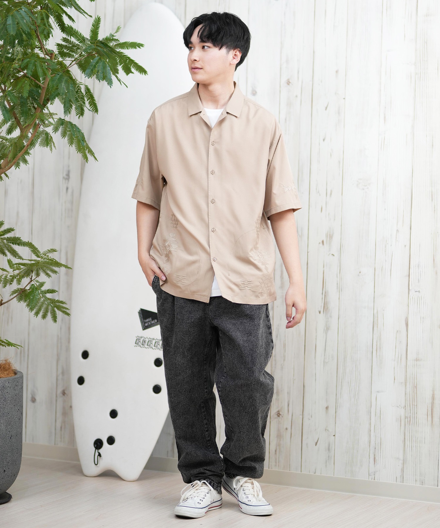 DEAR LAUREL ディアローレル 半袖 シャツ メンズ キューバシャツ 刺繍 D25S2402(BLK-M)