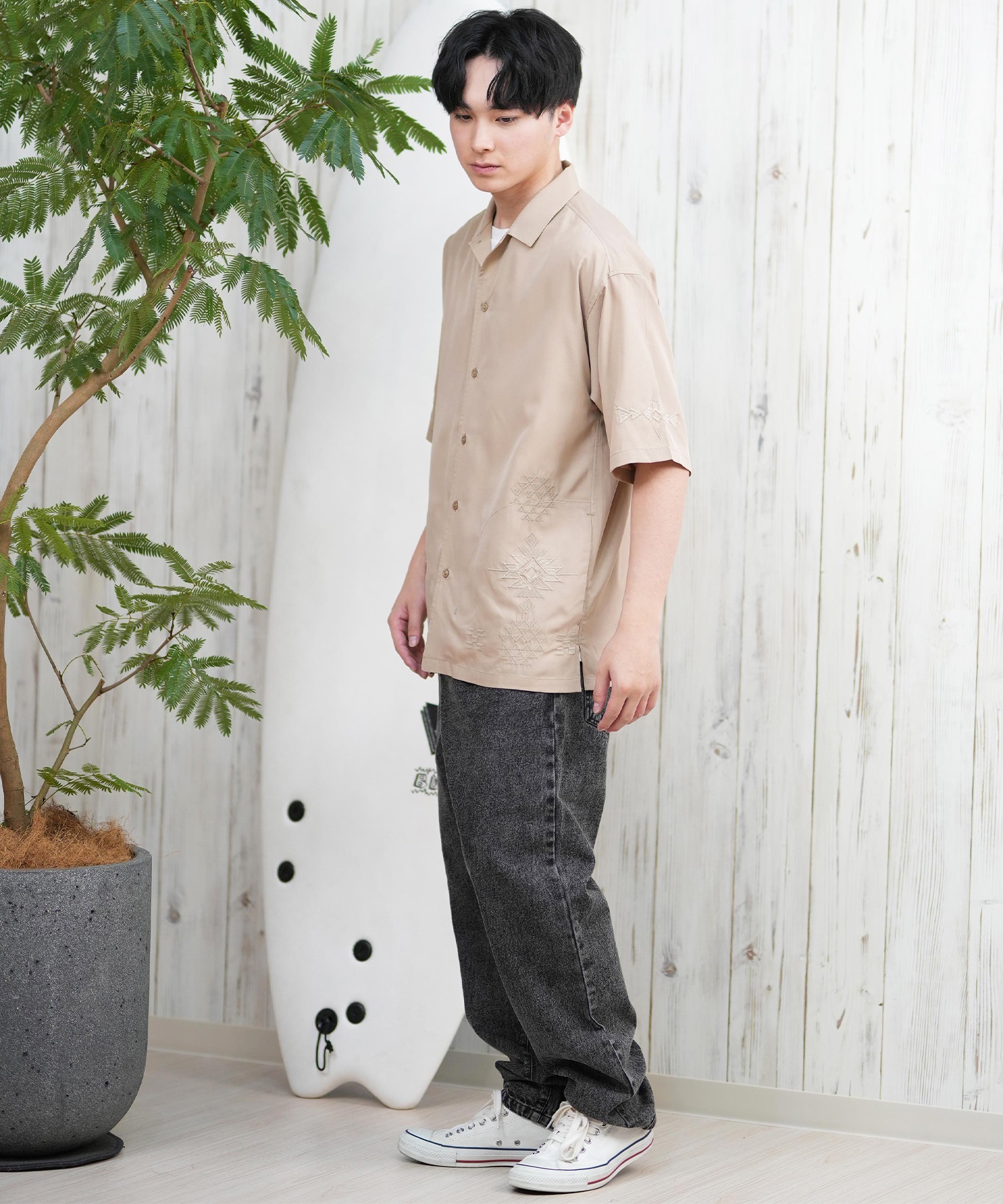 DEAR LAUREL ディアローレル 半袖 シャツ メンズ キューバシャツ 刺繍 D25S2402(BLK-M)