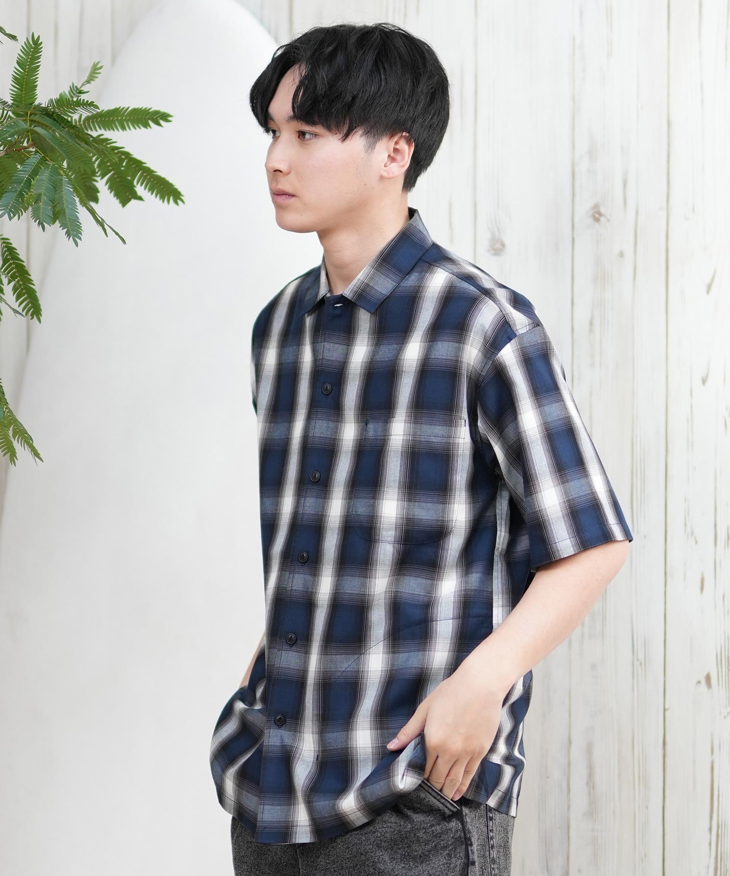 DEAR LAUREL ディアローレル 半袖 シャツ メンズ オンブレチェック柄