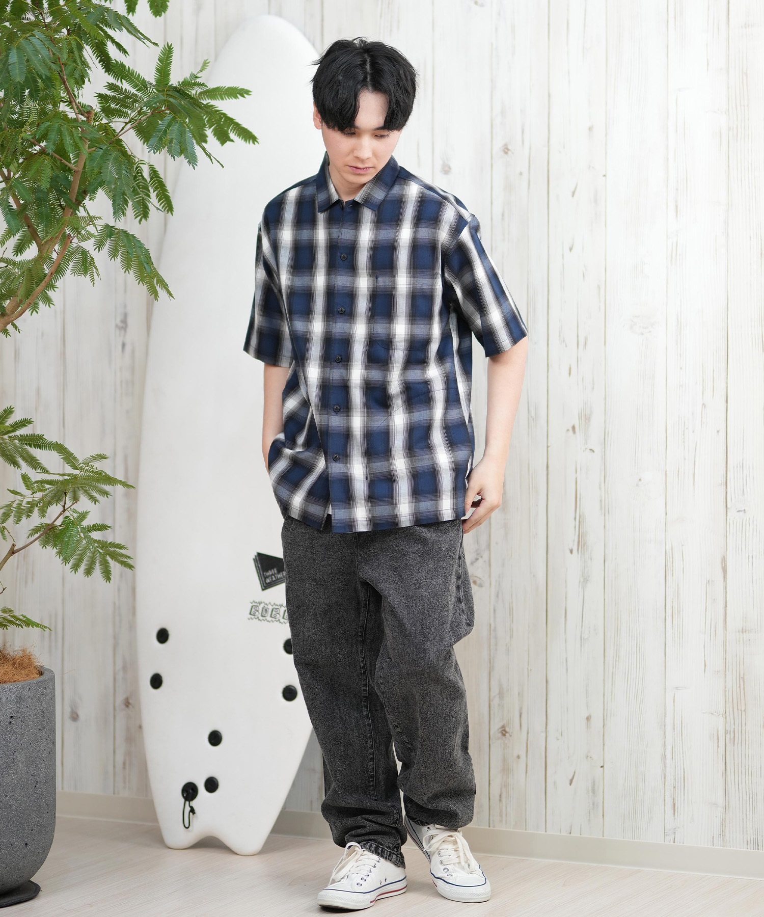 DEAR LAUREL ディアローレル 半袖 シャツ メンズ オンブレチェック柄