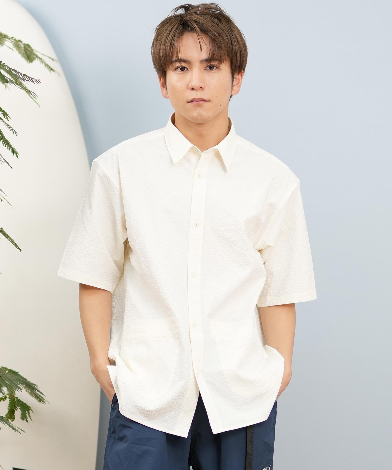 DEAR LAUREL ディアローレル 半袖 シャツ メンズ シアサッカー素材 軽量 ストレッチ 速乾 SEERSUCKER SHIRT D25S2404(OFF-M)