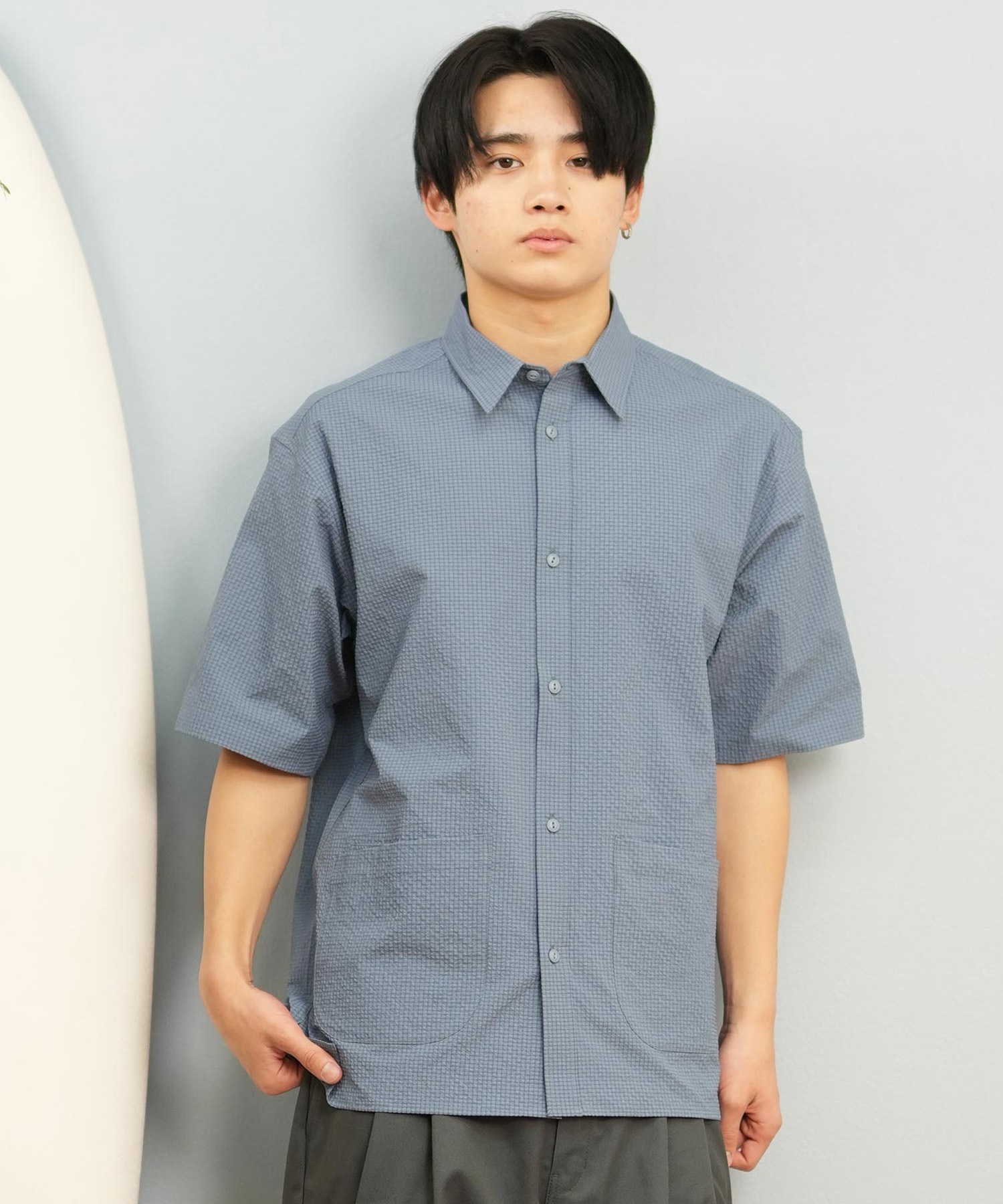 DEAR LAUREL ディアローレル 半袖 シャツ メンズ シアサッカー素材 軽量 ストレッチ 速乾 SEERSUCKER SHIRT D25S2404(OFF-M)
