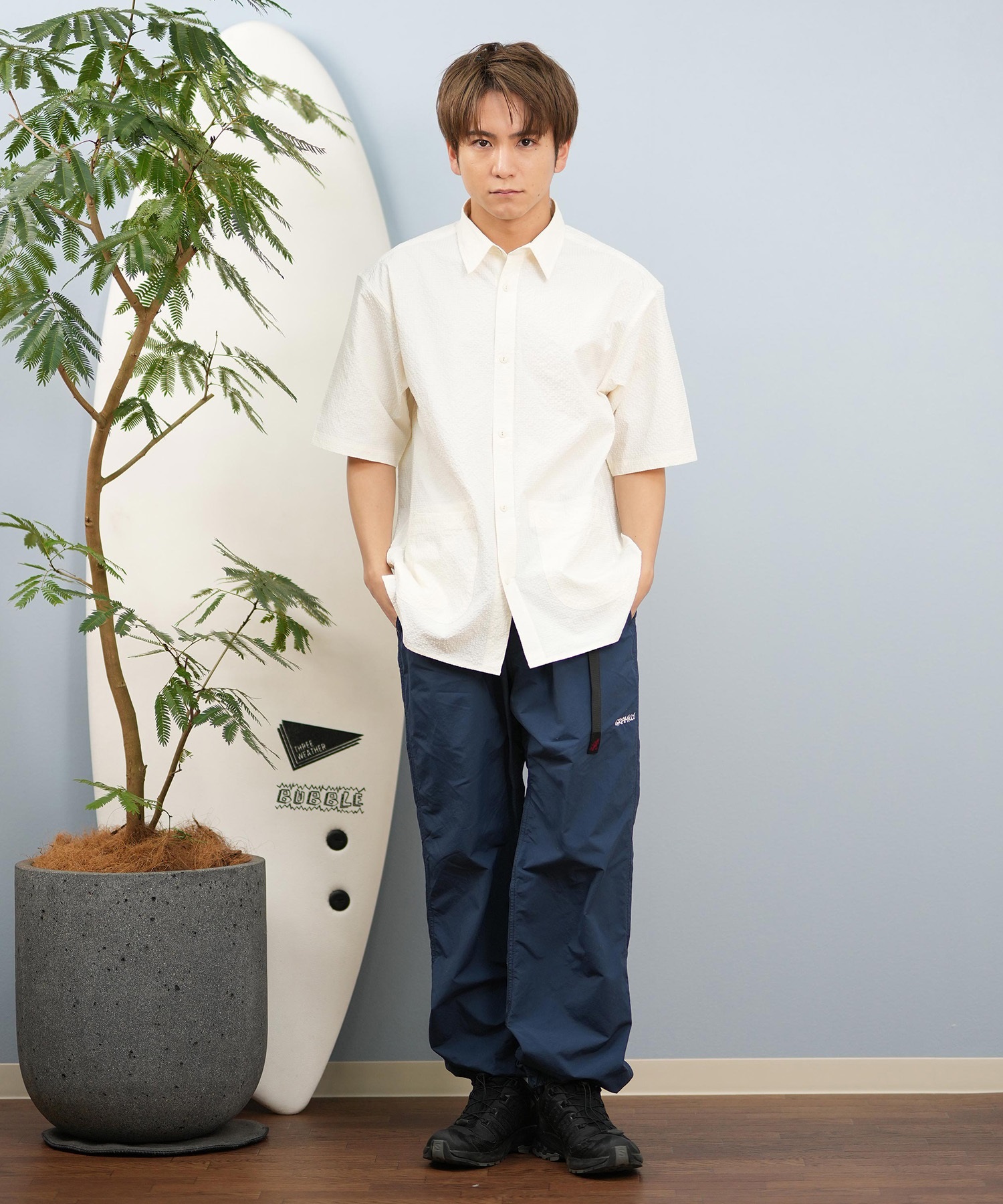 DEAR LAUREL ディアローレル 半袖 シャツ メンズ シアサッカー素材 軽量 ストレッチ 速乾 SEERSUCKER SHIRT D25S2404(OFF-M)