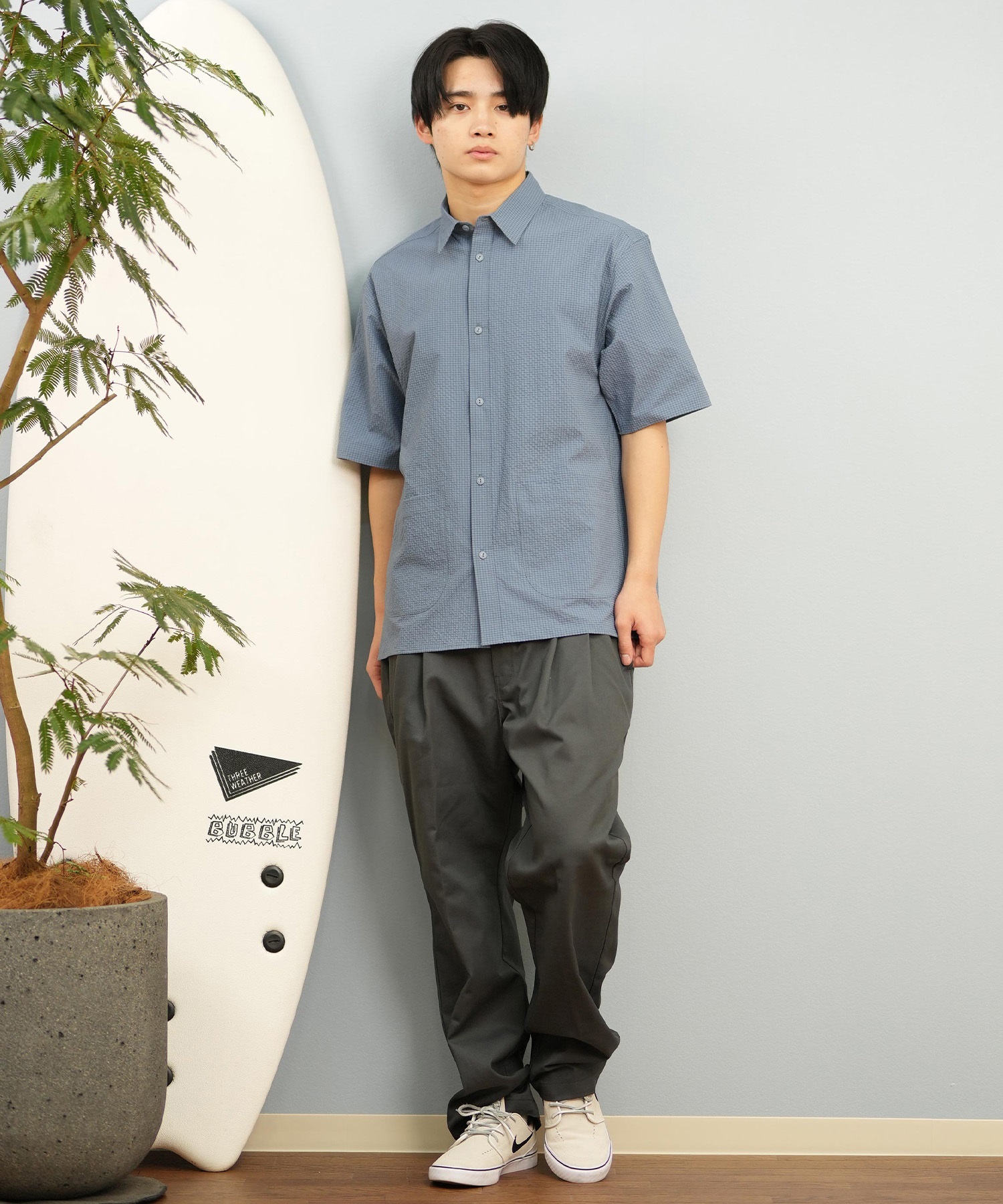 DEAR LAUREL ディアローレル 半袖 シャツ メンズ シアサッカー素材 軽量 ストレッチ 速乾 SEERSUCKER SHIRT D25S2404(OFF-M)