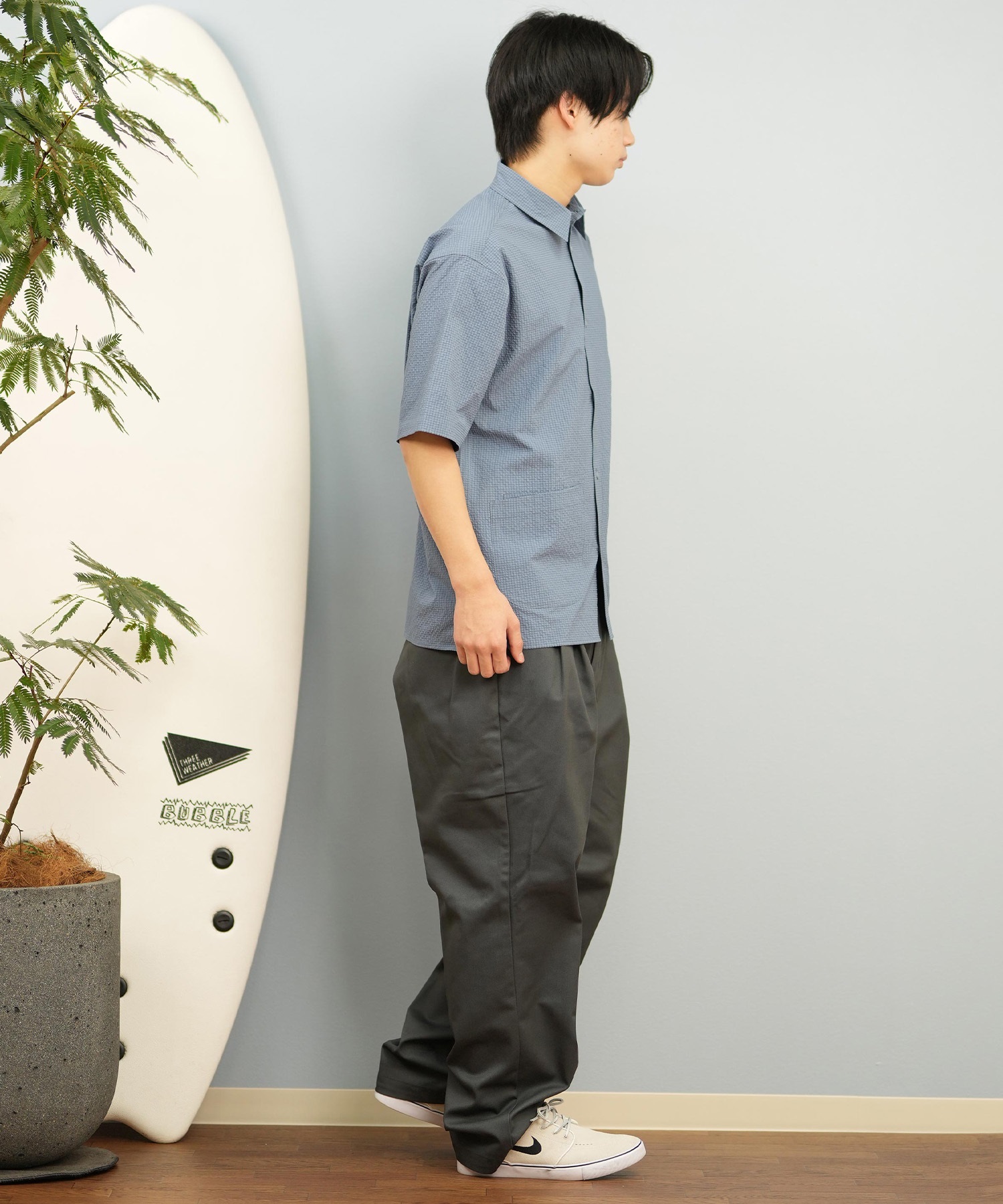 DEAR LAUREL ディアローレル 半袖 シャツ メンズ シアサッカー素材 軽量 ストレッチ 速乾 SEERSUCKER SHIRT D25S2404(OFF-M)