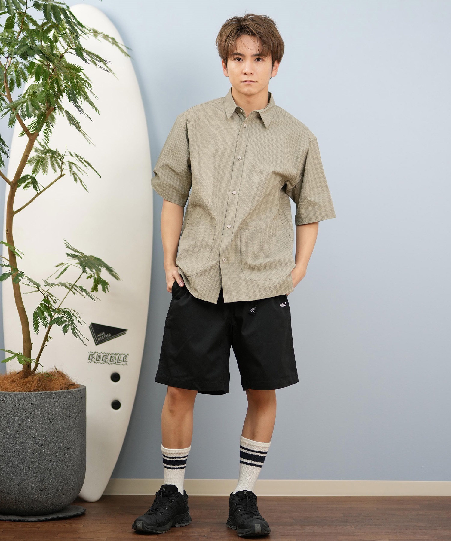 DEAR LAUREL ディアローレル 半袖 シャツ メンズ シアサッカー素材 軽量 ストレッチ 速乾 SEERSUCKER SHIRT D25S2404(OFF-M)
