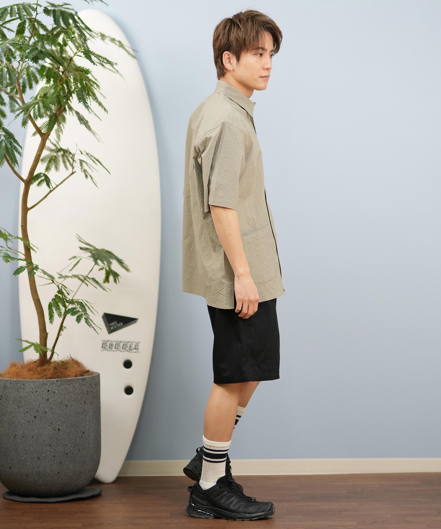 DEAR LAUREL ディアローレル 半袖 シャツ メンズ シアサッカー素材 軽量 ストレッチ 速乾 SEERSUCKER SHIRT D25S2404(OFF-M)