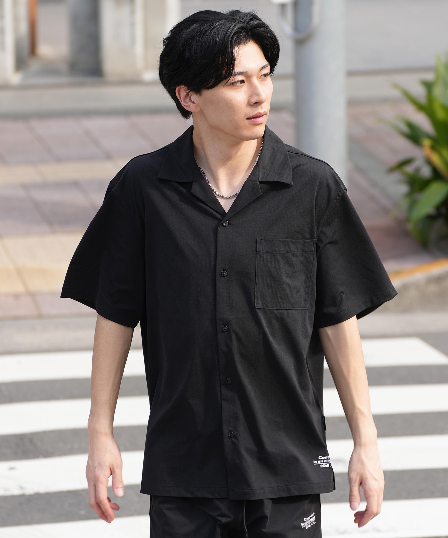 DEAR LAUREL ディアローレル 半袖 シャツ メンズ ワンポイント ロゴ シンプル 接触冷感 セットアップ対応 D25S2401(BLK-M)