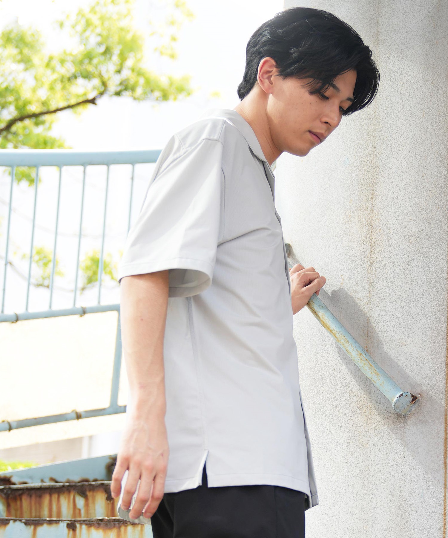 DEAR LAUREL ディアローレル 半袖 シャツ メンズ ワンポイント ロゴ シンプル 接触冷感 セットアップ対応 D25S2401(BLK-M)