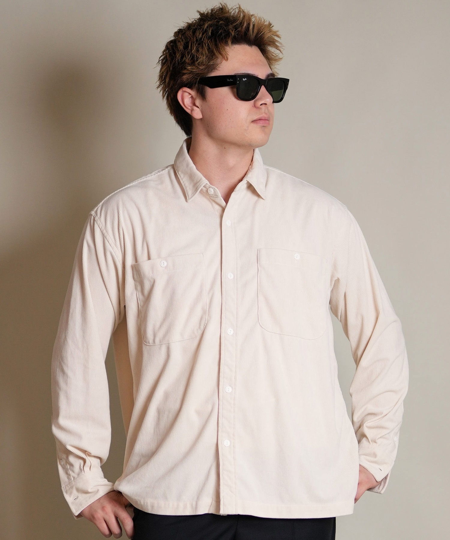 DEAR LAUREL ディアローレル 長袖 シャツ メンズ コーデュロイ 無地 シンプル CORDUROY SHIRT D25F-2602(WHT-M)