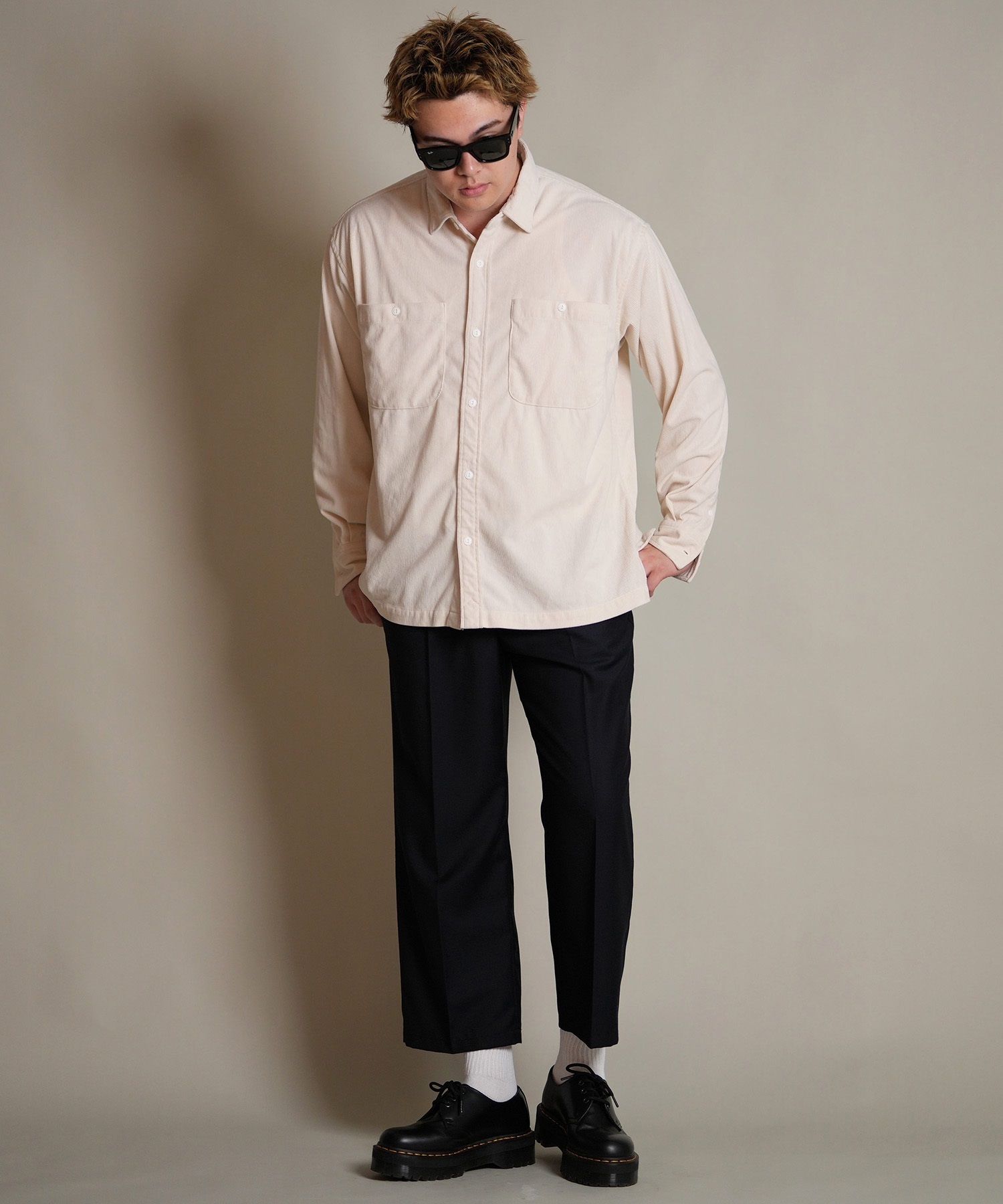 DEAR LAUREL ディアローレル 長袖 シャツ メンズ コーデュロイ 無地 シンプル CORDUROY SHIRT D25F-2602(WHT-M)