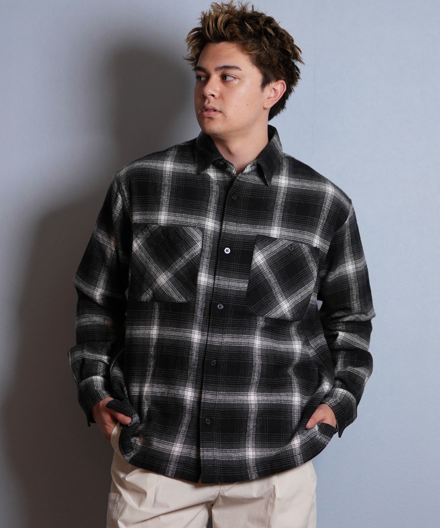 DEAR LAUREL ディアローレル 長袖 シャツ メンズ チェック ネルシャツ FLANNEL SHIRT D25F-2603(BLK-M)