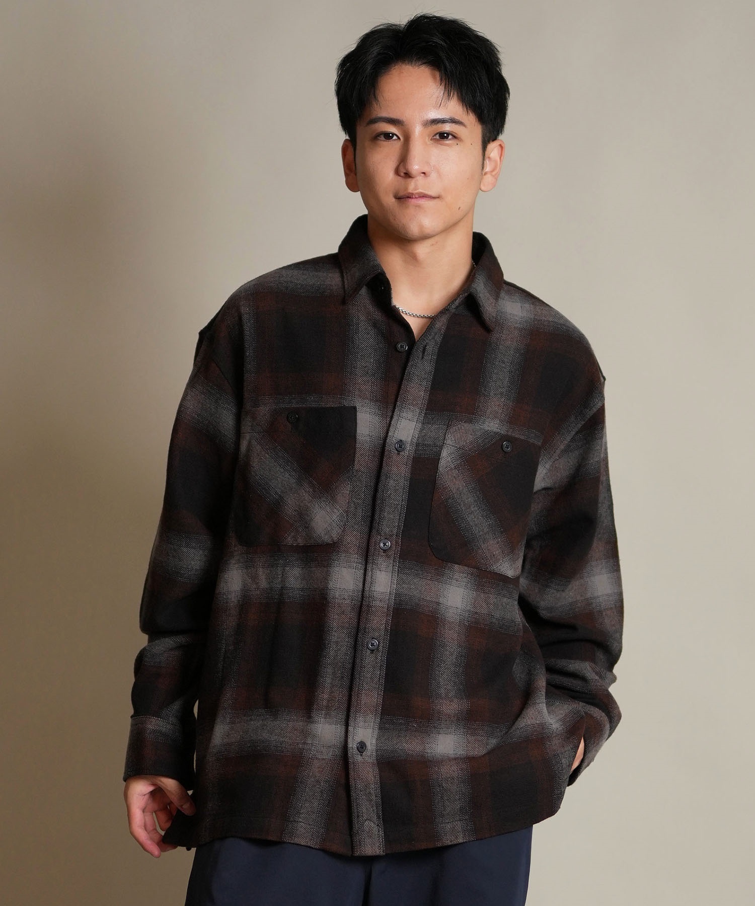 DEAR LAUREL ディアローレル 長袖 シャツ メンズ チェック ネルシャツ FLANNEL SHIRT D25F-2603(BLK-M)