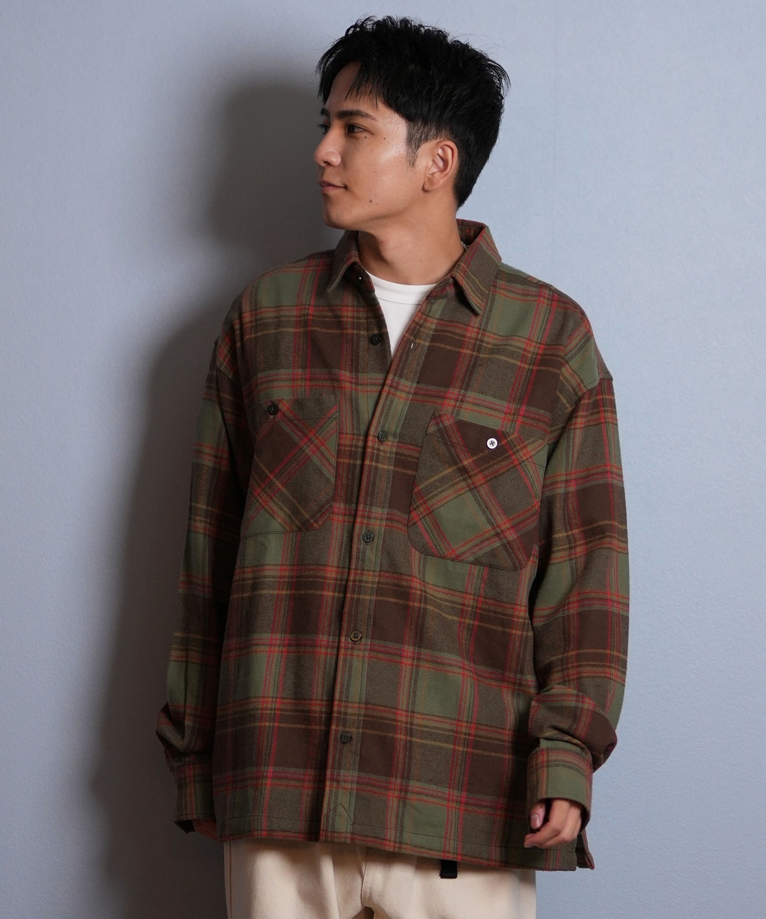 DEAR LAUREL ディアローレル 長袖 シャツ メンズ チェック ネルシャツ FLANNEL SHIRT D25F-2603(BLK-M)