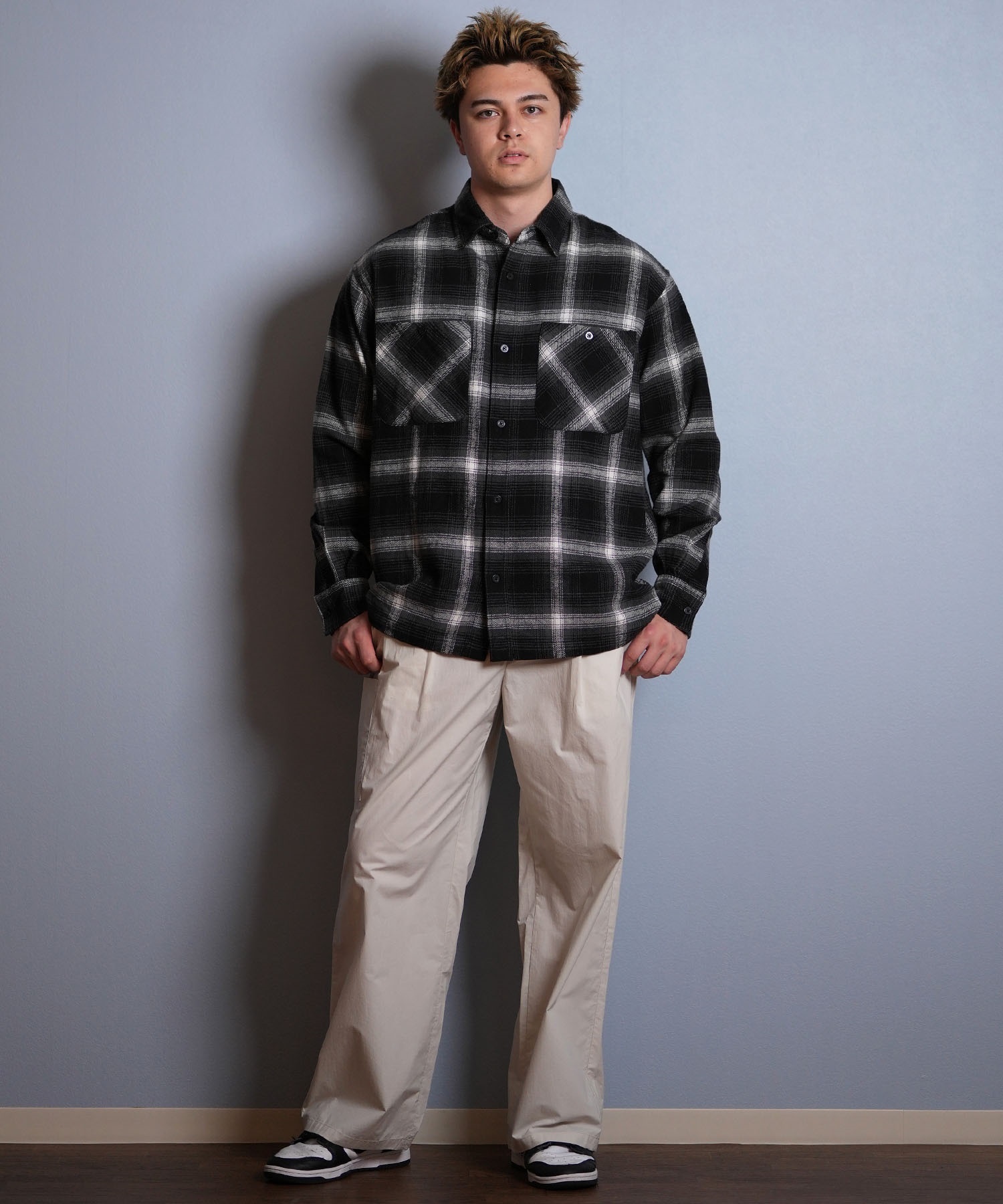 DEAR LAUREL ディアローレル 長袖 シャツ メンズ チェック ネルシャツ FLANNEL SHIRT D25F-2603(BLK-M)