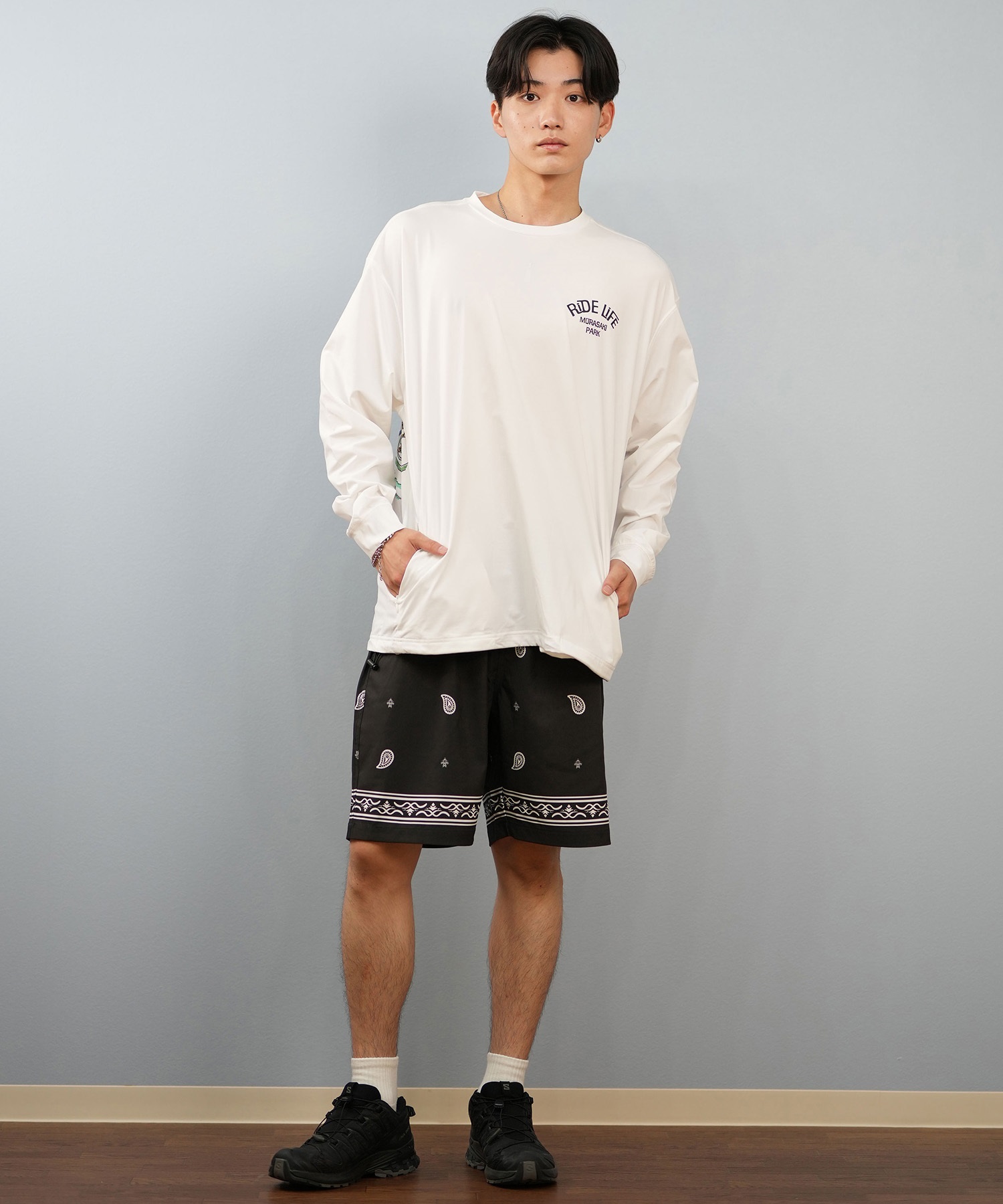 DEAR LAUREL ディアローレル 水着 ラッシュガード 長袖 Tシャツ ロンT メンズ 水陸両用 バックプリント D25S-4306(WHT-M)
