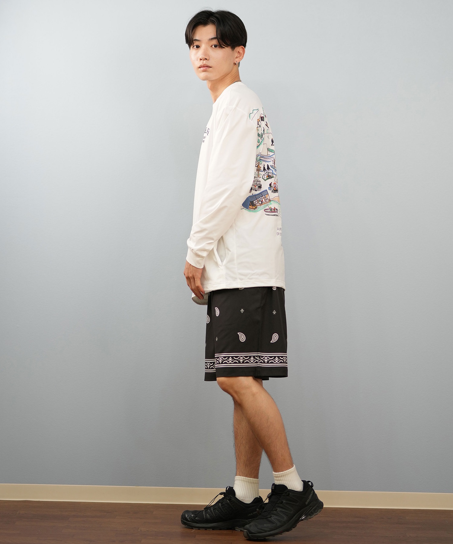 DEAR LAUREL ディアローレル 水着 ラッシュガード 長袖 Tシャツ ロンT メンズ 水陸両用 バックプリント D25S-4306(WHT-M)