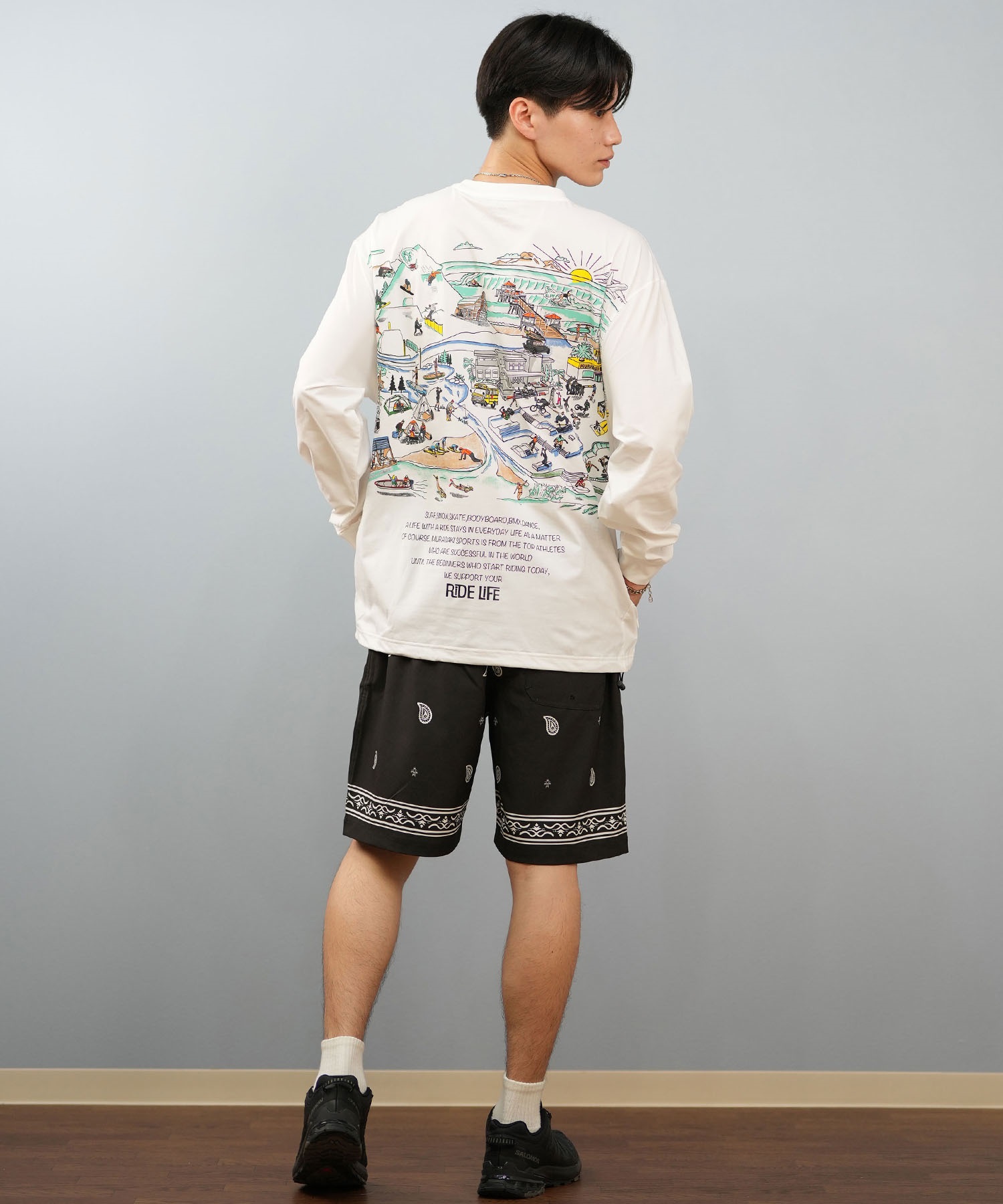 DEAR LAUREL ディアローレル 水着 ラッシュガード 長袖 Tシャツ ロンT メンズ 水陸両用 バックプリント D25S-4306(WHT-M)