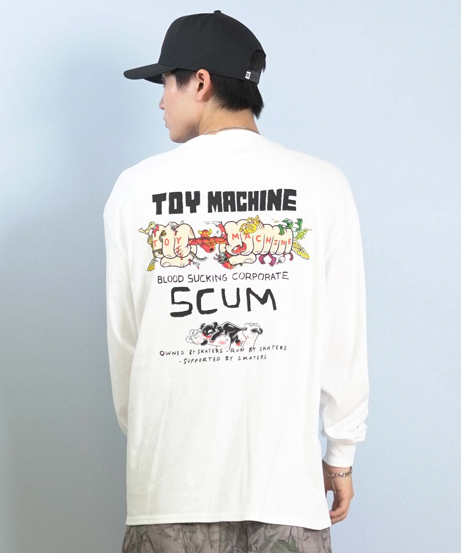 TOY MACHINE トイマシーン 長袖 Tシャツ ロンT メンズ バックプリント 袖プリント ロゴ オーバーサイズ MTMFFLT1(WHITE-M)