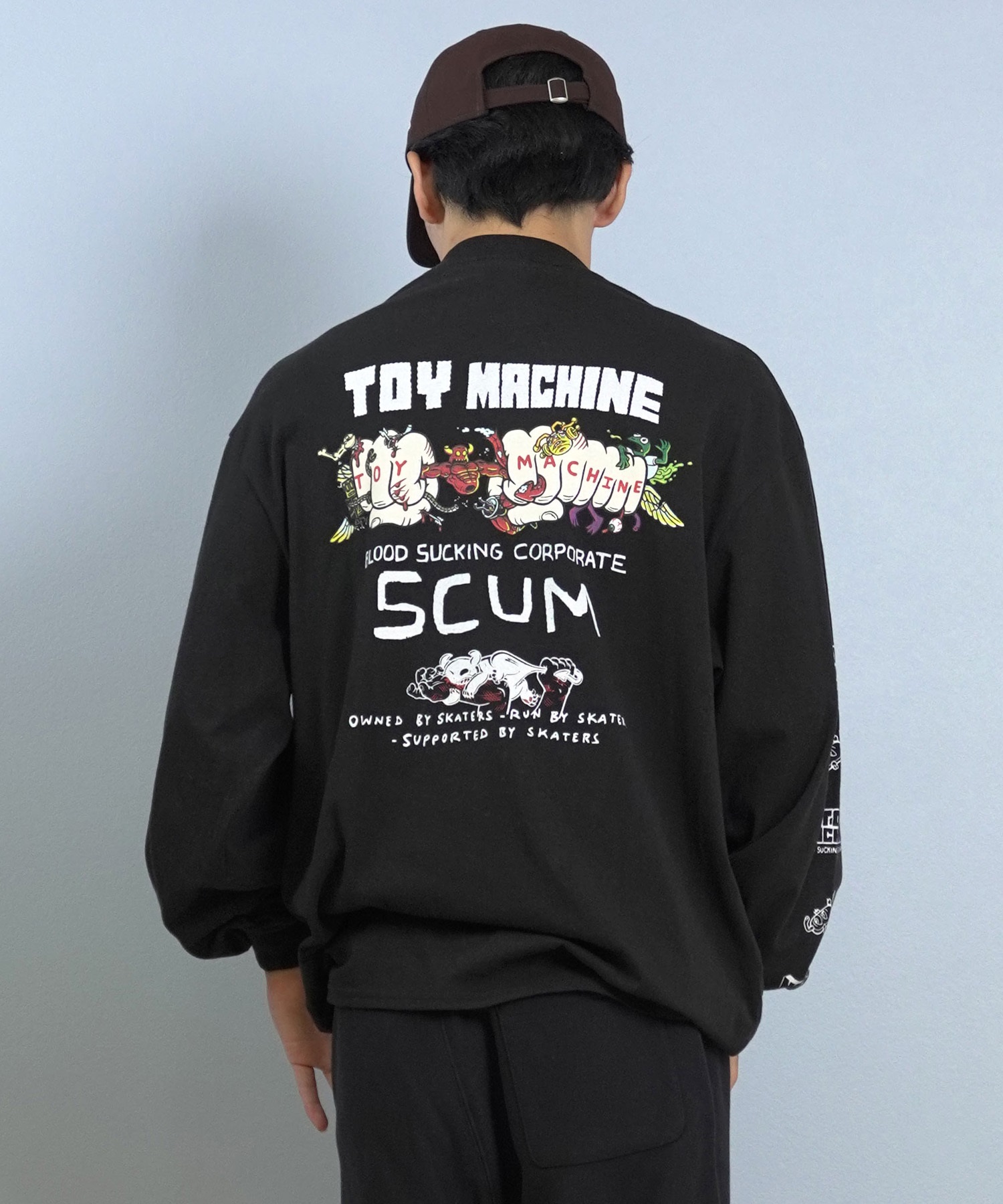 TOY MACHINE トイマシーン 長袖 Tシャツ ロンT メンズ バックプリント 袖プリント ロゴ オーバーサイズ MTMFFLT1(WHITE-M)