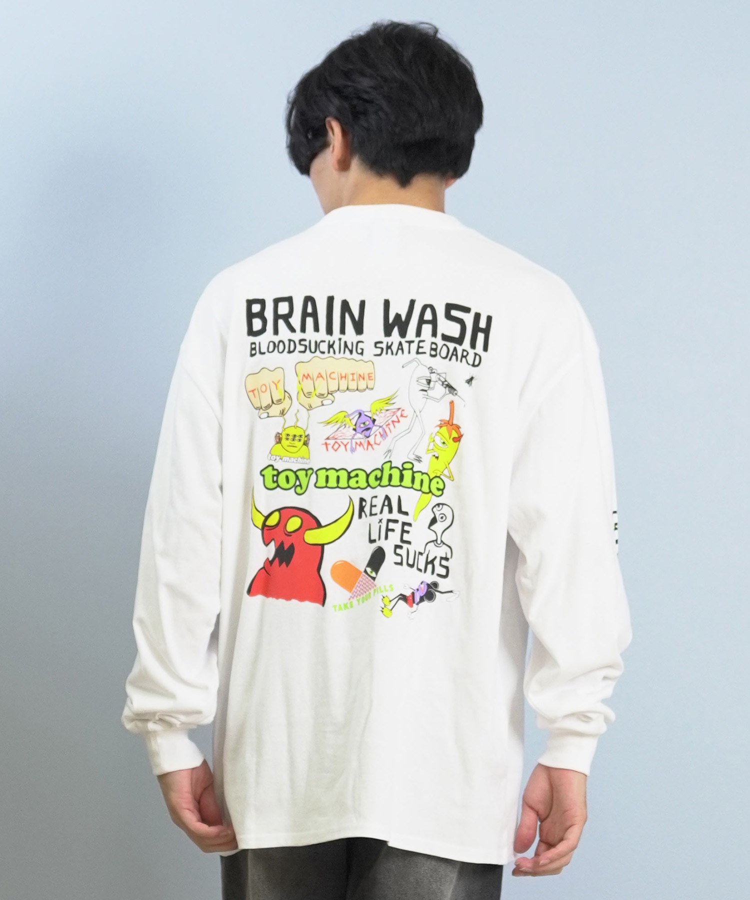 TOY MACHINE トイマシーン 長袖 Tシャツ ロンT メンズ バックプリント 袖プリント ロゴ オーバーサイズ MTMFFLT2(WHITE-M)