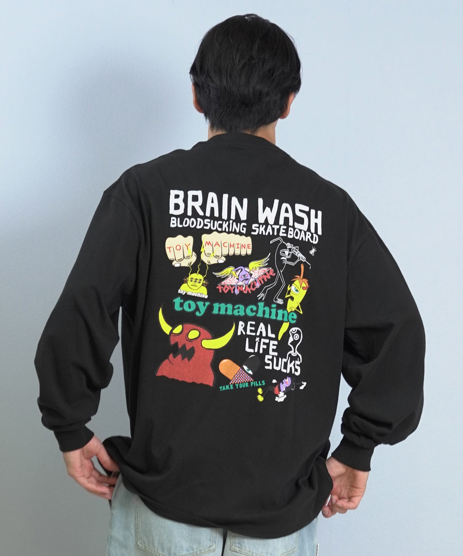 TOY MACHINE トイマシーン 長袖 Tシャツ ロンT メンズ バックプリント 袖プリント ロゴ オーバーサイズ MTMFFLT2(WHITE-M)