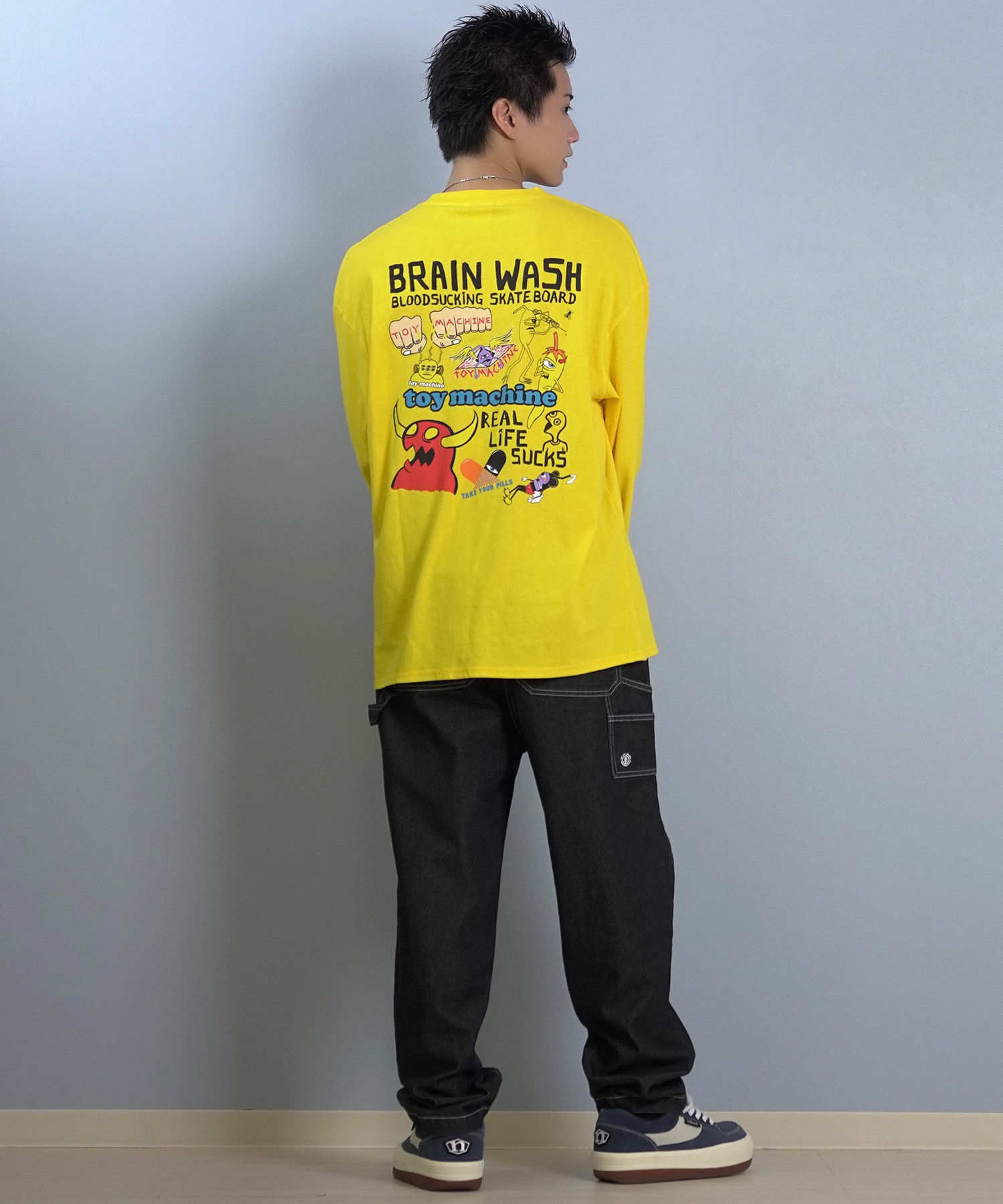 TOY MACHINE トイマシーン 長袖 Tシャツ ロンT メンズ バックプリント 袖プリント ロゴ オーバーサイズ MTMFFLT2(WHITE-M)