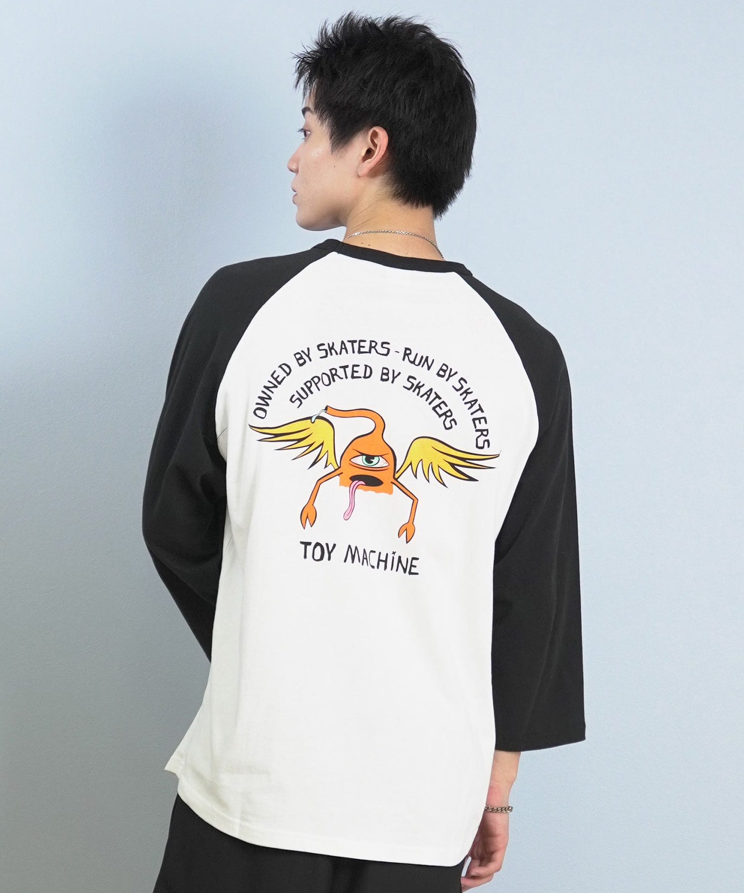 TOY MACHINE トイマシーン 七分 長袖 Tシャツ ロンT メンズ ラグラン バックプリント ロゴ オーバーサイズ MTMFFLT4(WHT3-M)