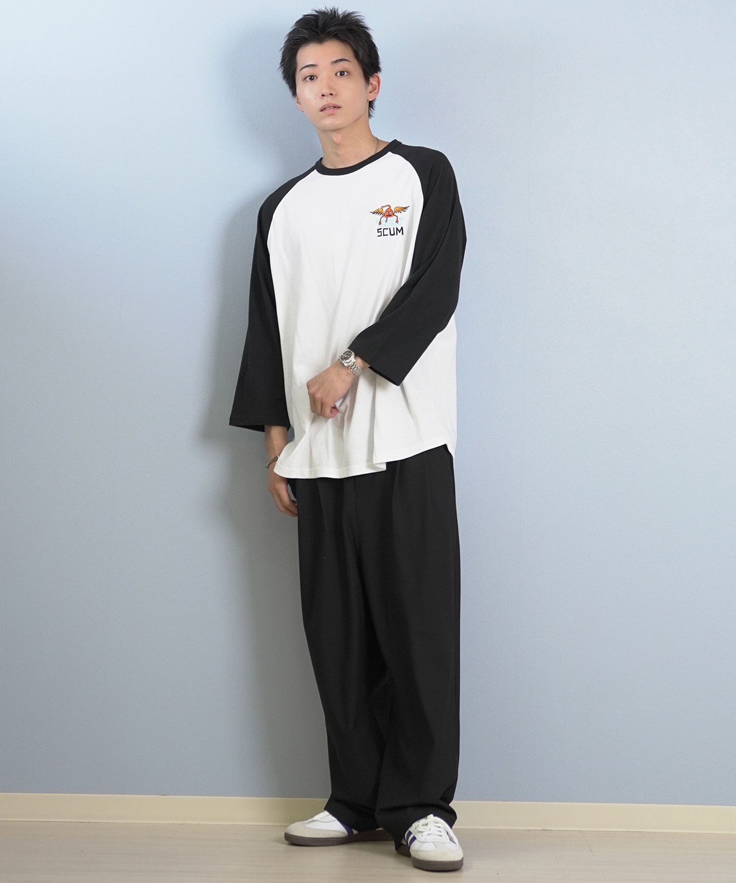 TOY MACHINE トイマシーン 七分 長袖 Tシャツ ロンT メンズ ラグラン バックプリント ロゴ オーバーサイズ MTMFFLT4(WHT3-M)